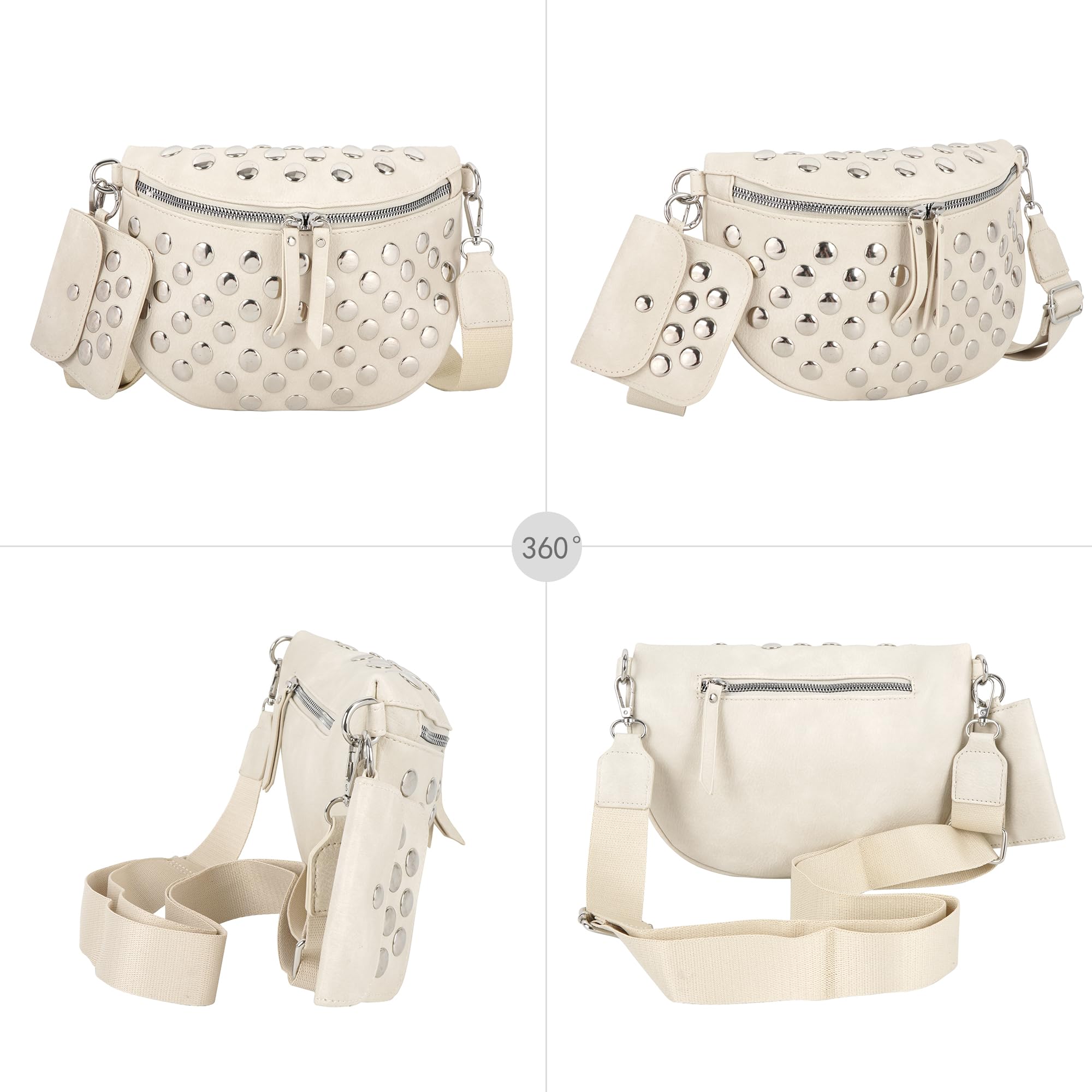 LABANCA Riñonera de piel sintética para mujer, con remaches y tachuelas y cremallera, bolsa de hombro para festival, 08676Blanco, 13.4 * 5.1 * 3.5 in, Casual