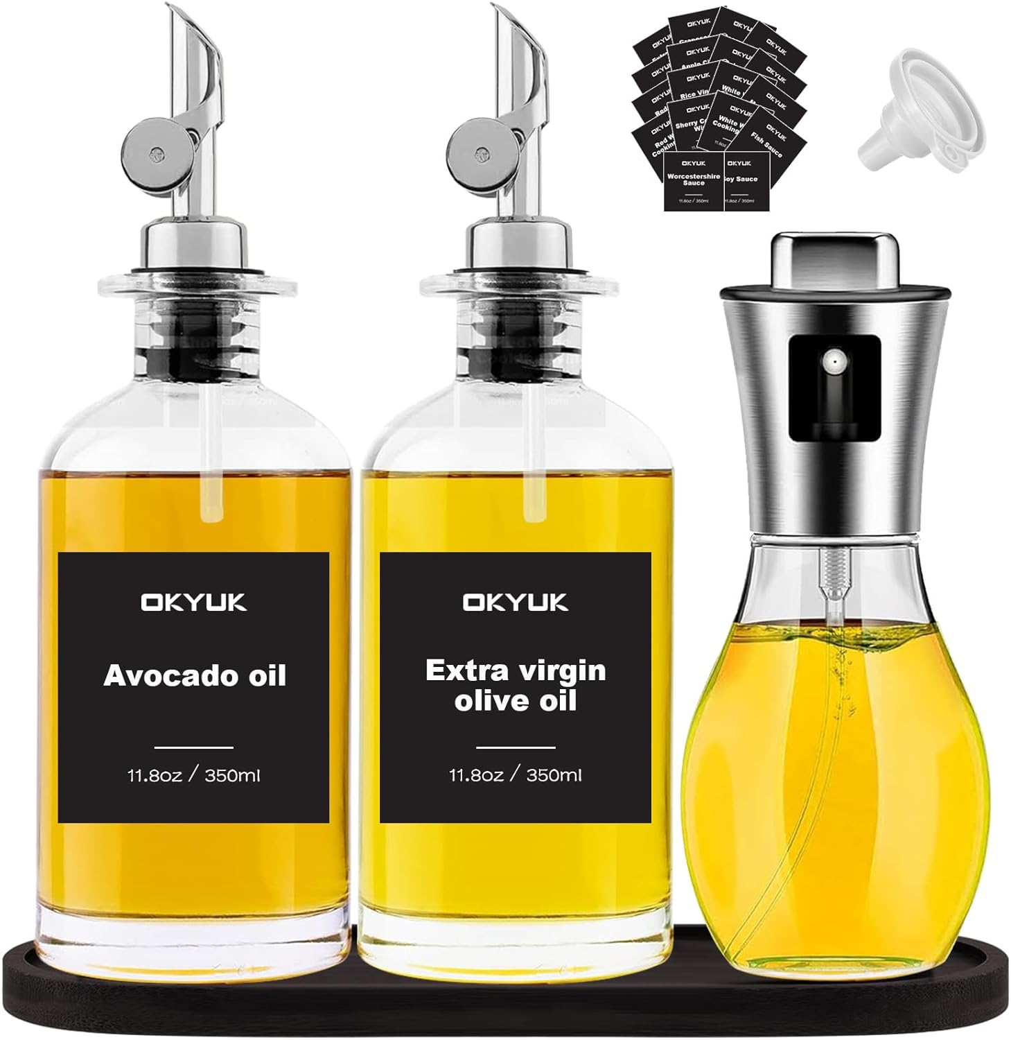 OKYUK Olive Oil Dispenser Bottle & Oil Sprayer for Cooking, Oil and Vinegar Dispenser Set, with Bamboo Tray, 20 Labels, Coffee Syrup Dispenser Oil Bottles for Kitchen