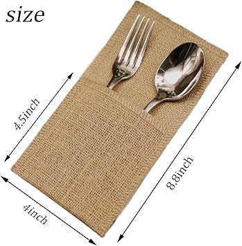 FQTANJU 50 Pcs Burlap Utensils Holders, 4x8.8 Natural Jute Cutlery Pouch Silverware Holder Knives Forks Spoon Napkin Bag for Rustic Wedding Party Decorations favors