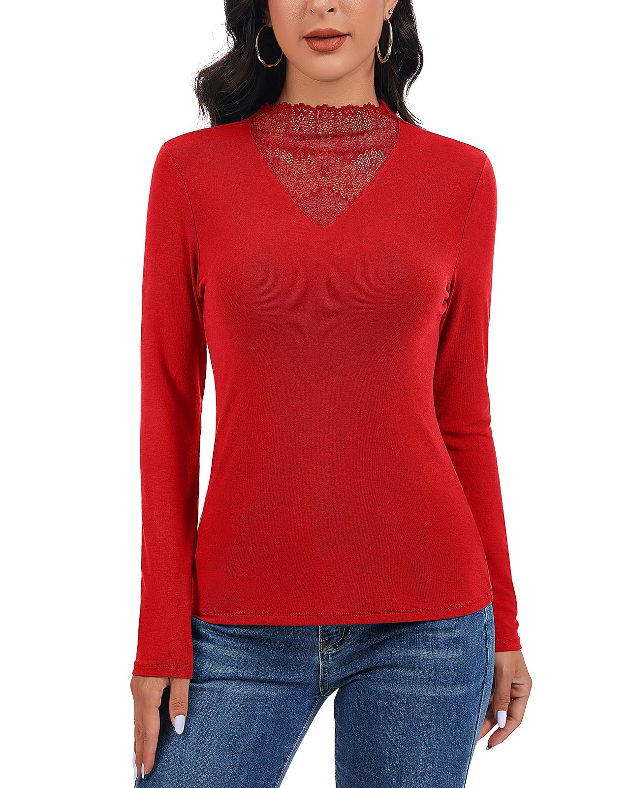 WOWENY Damen Rollkragenshirt Mit Spitze Oberteil Langarmshirt Elegant Langarm Stehkragen Unterziehshirt Slim Fit Rollkragenpullover Dünn Stretch Tops