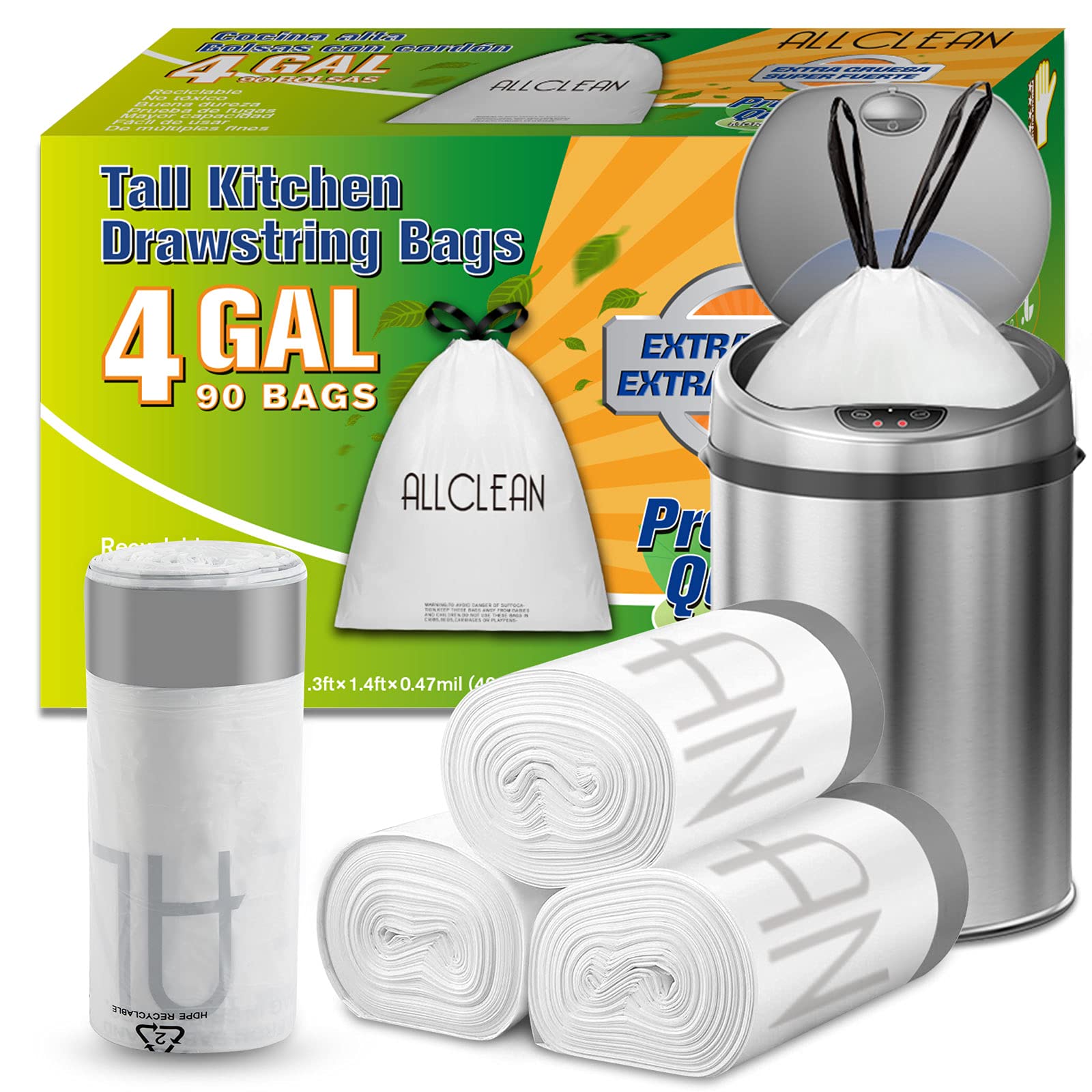 Trash Bags 4 Gallon Small Kitchen Drawstring Garbage Bags, Fit 2-4 Gal Bins