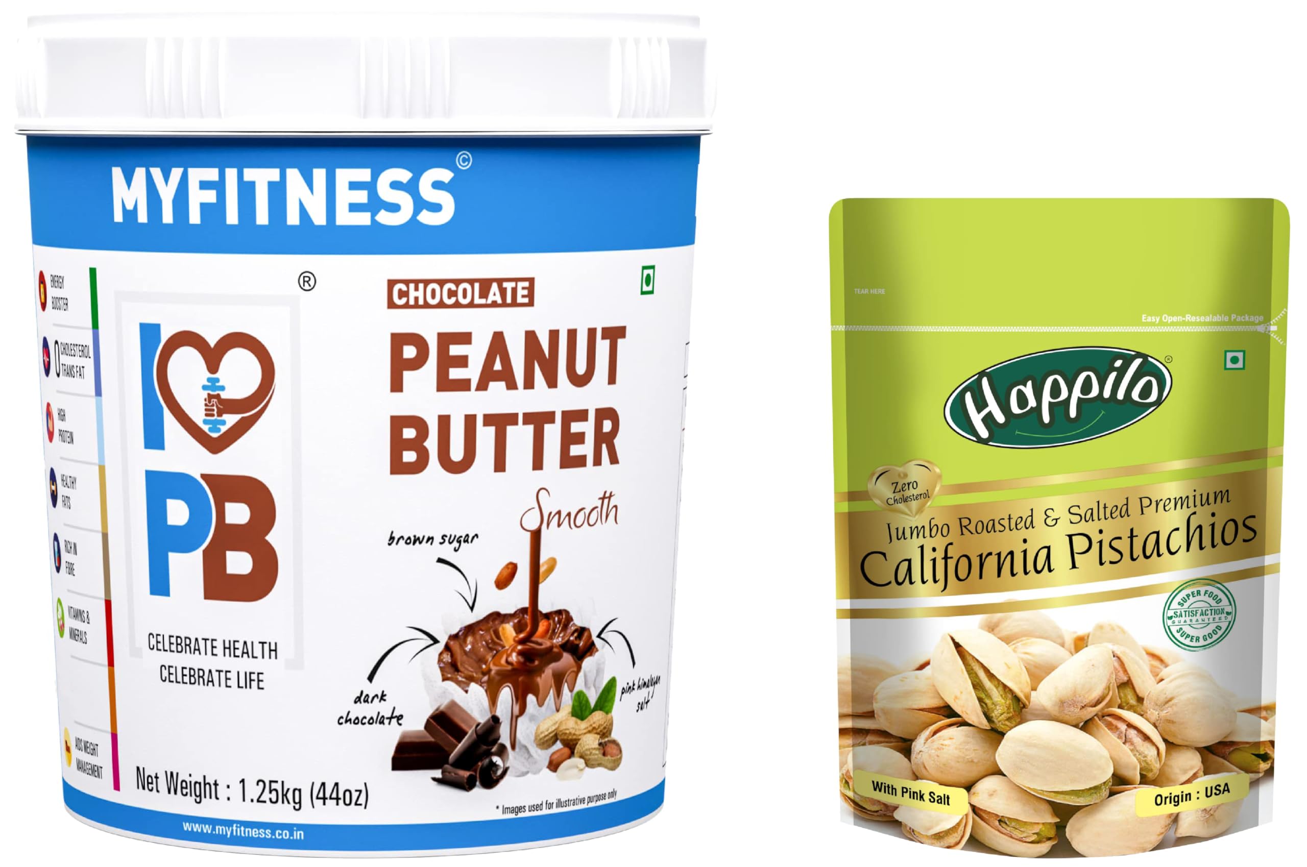 MYFITNESS Chocolate Peanut Butter Smooth 1250g | 22g Protein & Happilo Premium California Roasted & Salted Pistachios 200 g