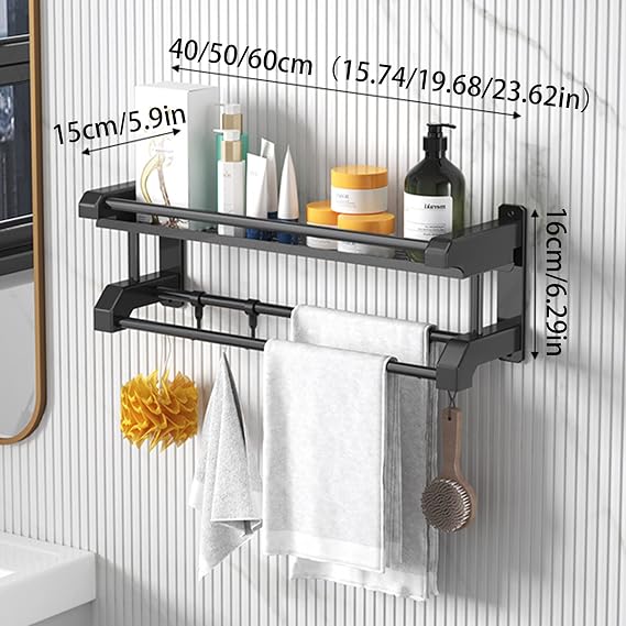 Towel Rack Bathroom Shelf with Towel Bar Towel Holder Wall Mounted Stainless Steel 40/50/60/70/80cm Towel Shelf with 5 Hooks 1/2/3 Tier Bathroom Shelves Shower Organizer Storage No Drill Matte Black