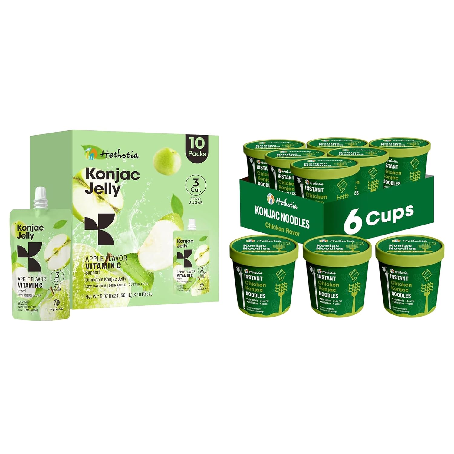 Hethstia Fideos Konjac Pho Pollo 6 Pack y Jalea Manzana 10 Paqs