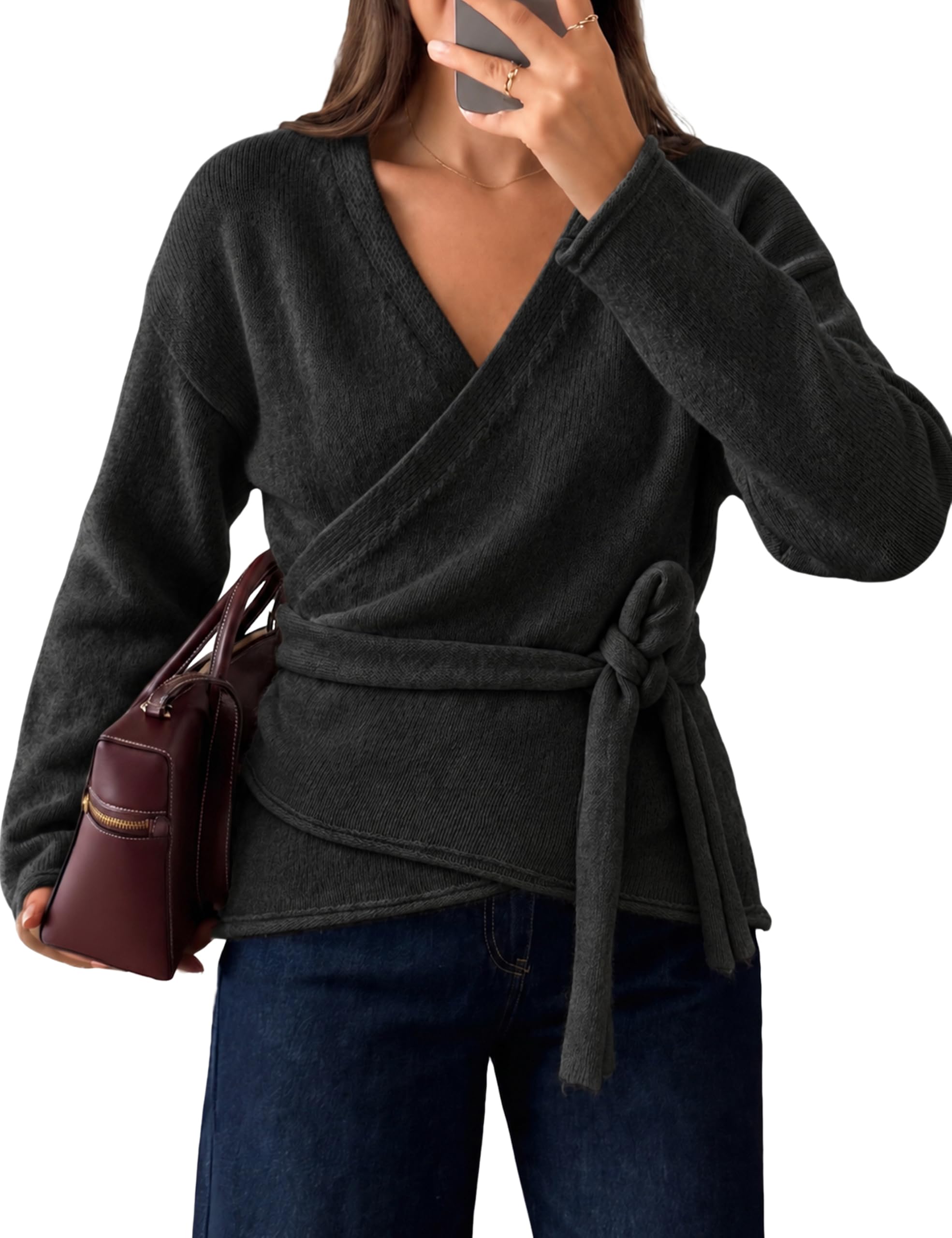 Watashi Women's Wrap Sweater with Tie Waist V Neck Knit Tops