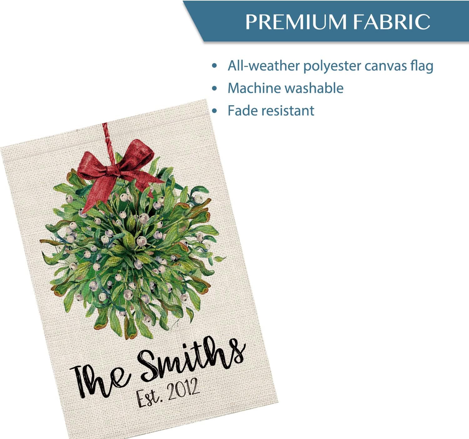 Smile Personalized Merry Christmas Winter House Flag, Polka Dot Berry Customized Family Name Bow-knot, Double Sided 28 x 40 Inch Rustic Farmhouse Burlap Yard Outdoor Decoration
