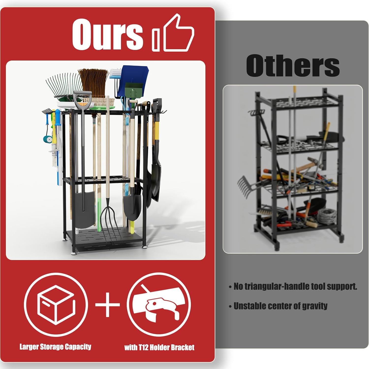 Garden Tool Organizer, 3-Tier Metal Yard Tool Rack with 14 Hooks & 5 Slots, Holds 50+ Rakes/Shovels/Brooms, Heavy Duty Freestanding Lawn Tool Storage for Garage Shed Outdoor Organization