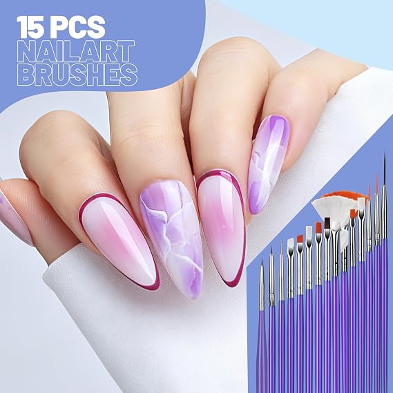 Teenitor Nail Art Tools Set, 23 Pcs Nail Art Brushes, 5 Pcs Nail Dotting Tool, 2 Set of Nail Stand, 100 Pcs Double-Sided Adhesive Tabs, Nail Art Palette, Brushes Holder, Purple