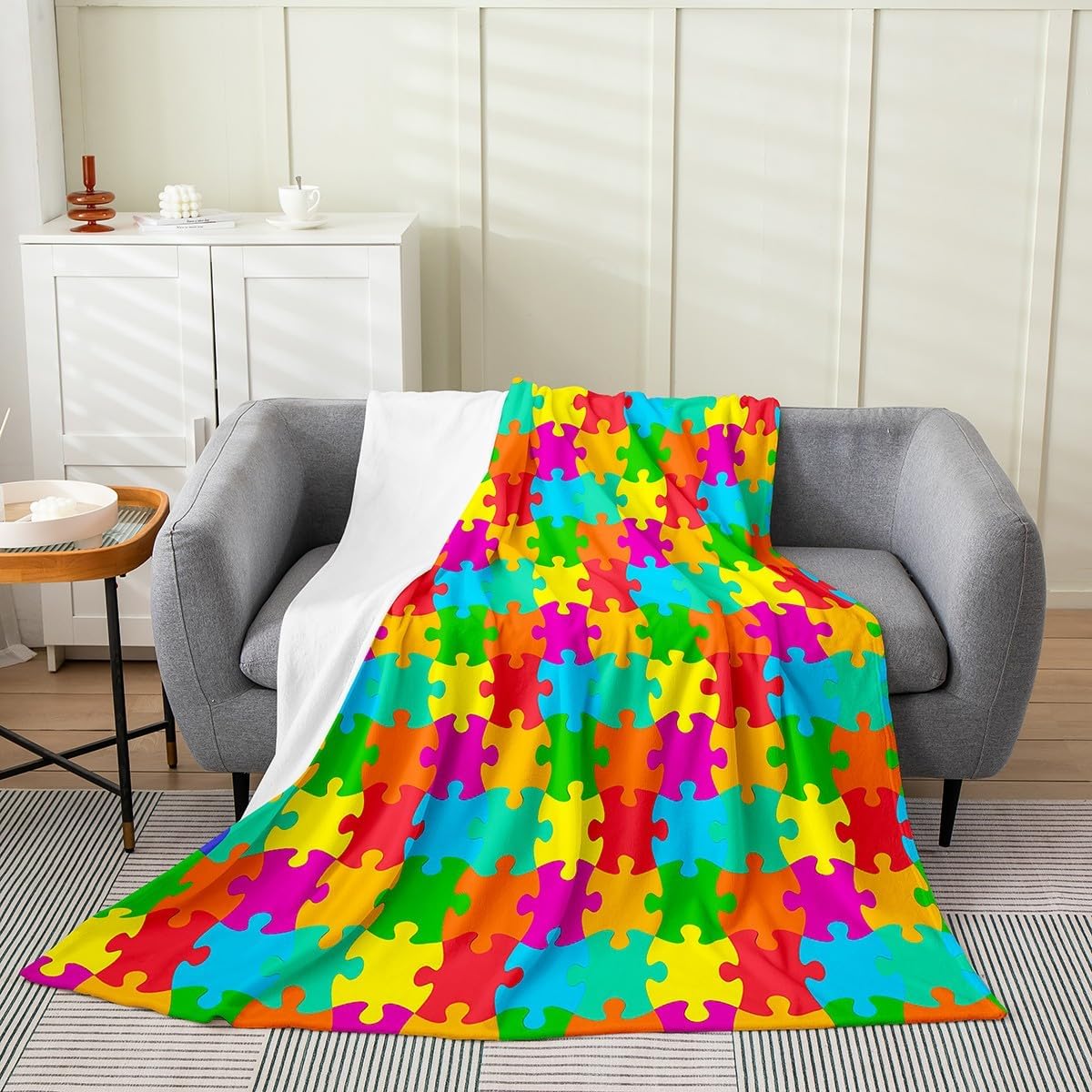 Feelyou Puzzle Flannel Fleece Blanket, Colorful Puzzle Games Throw, Rainbow Geometric Pattern Decorative Plush for Kids, Girls & Boys, Fuzzy Queen 90"x90"