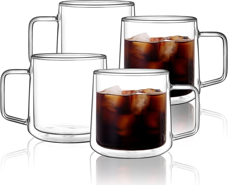15oz(4-pack) Double Walled Glass Coffee Mugs,Large Insulated Glass Mugs with Handle,Clear Coffee Cups for Espresso,Latte,Cappuccino,Tea