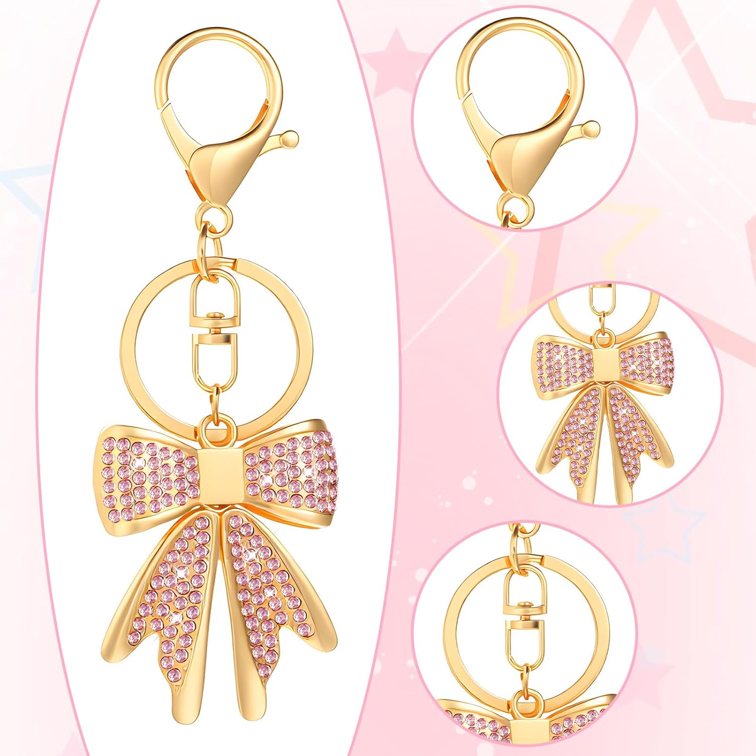 3 PCS Sparkly Gold Plated Rhinestone Bow Keychain, Gold Bow Bag Charm, Cute Bag Charms for Handbags, Purse Handbag Charms for Backpack (Pink, White, Purple) - Image 5
