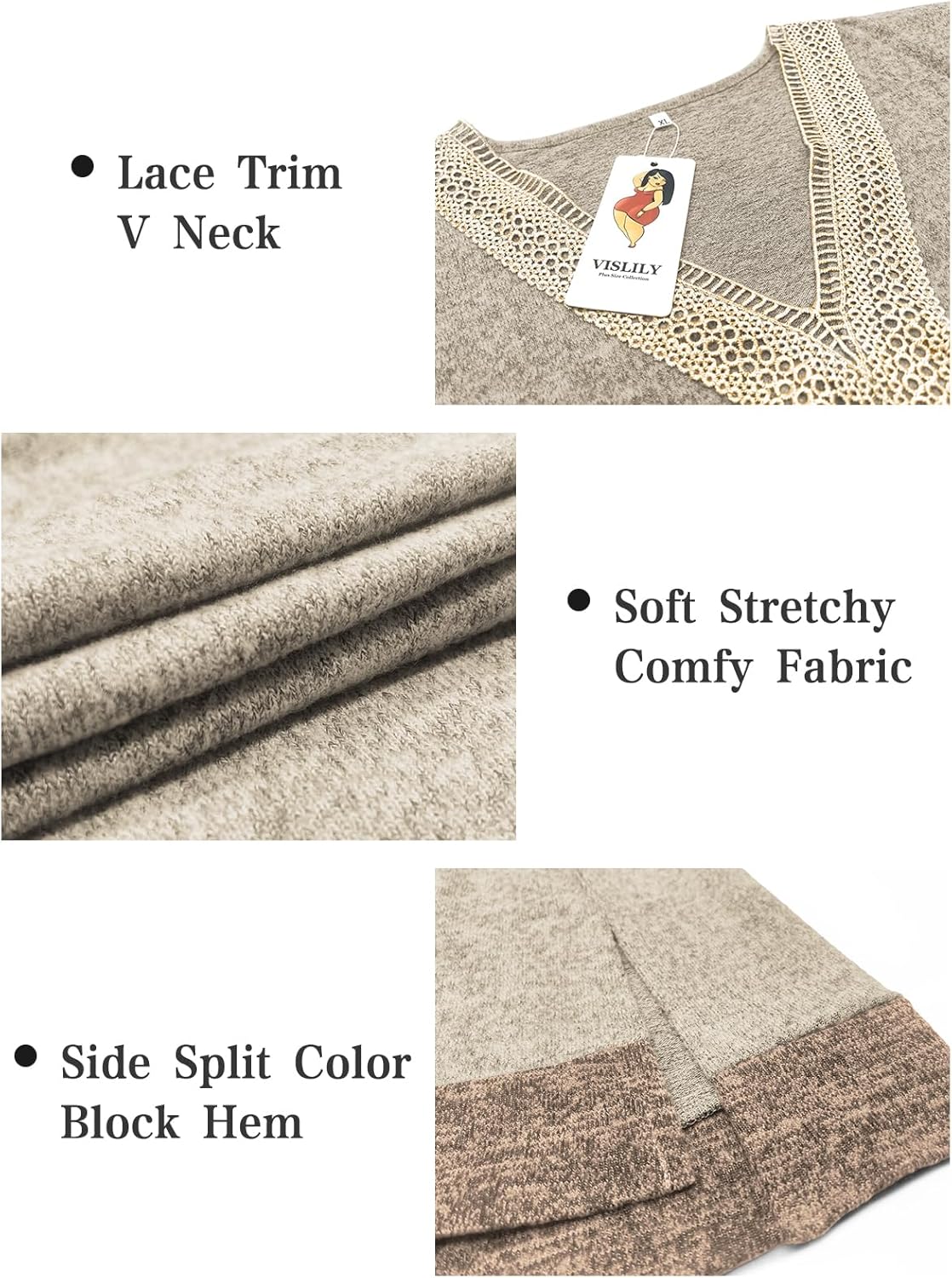 VISLILY Womens-Plus-Size-Tops Lace Trim V Neck Shirts Long Sleeve Sweatshirts Color Block Side Split Hem Tunics XL-5XL - Image 3
