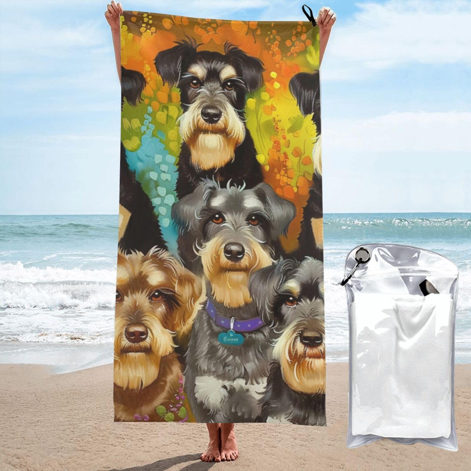 BWWHCCTI Oil Cute Schnauzer Dogs Printed Microfiber Quick Dry Beach Towel 80x160 CM, Fast Drying Bath Towels with Bags for Travel,Camping,Gym,Beach,Swimming,Yoga