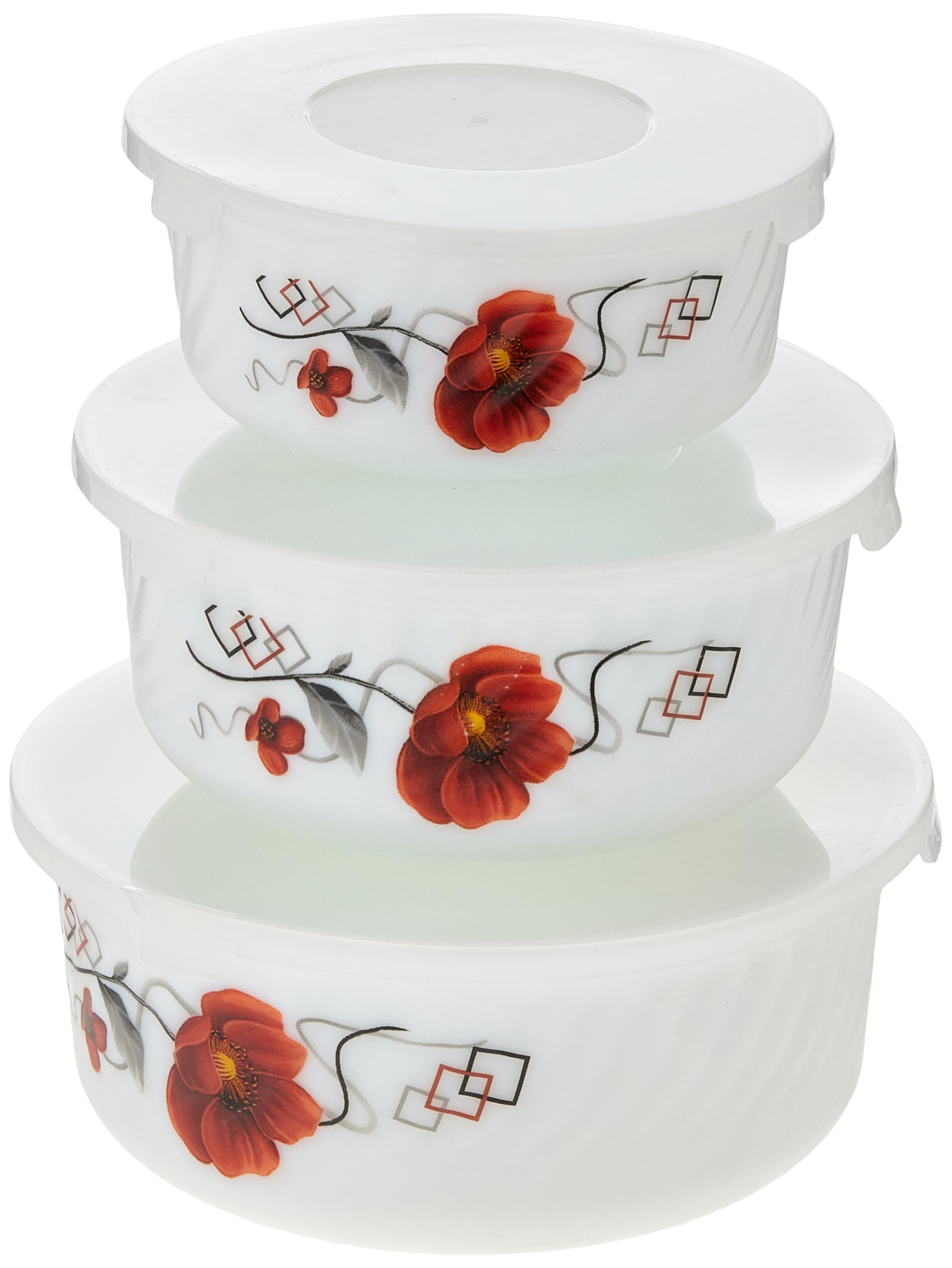 Delcasa 3Pc Opalware Bowl Set with Lid - Elegant Floral Round - 570 ML, 1000 ML, 1450 ML - Microwave, Oven, Freezer Safe