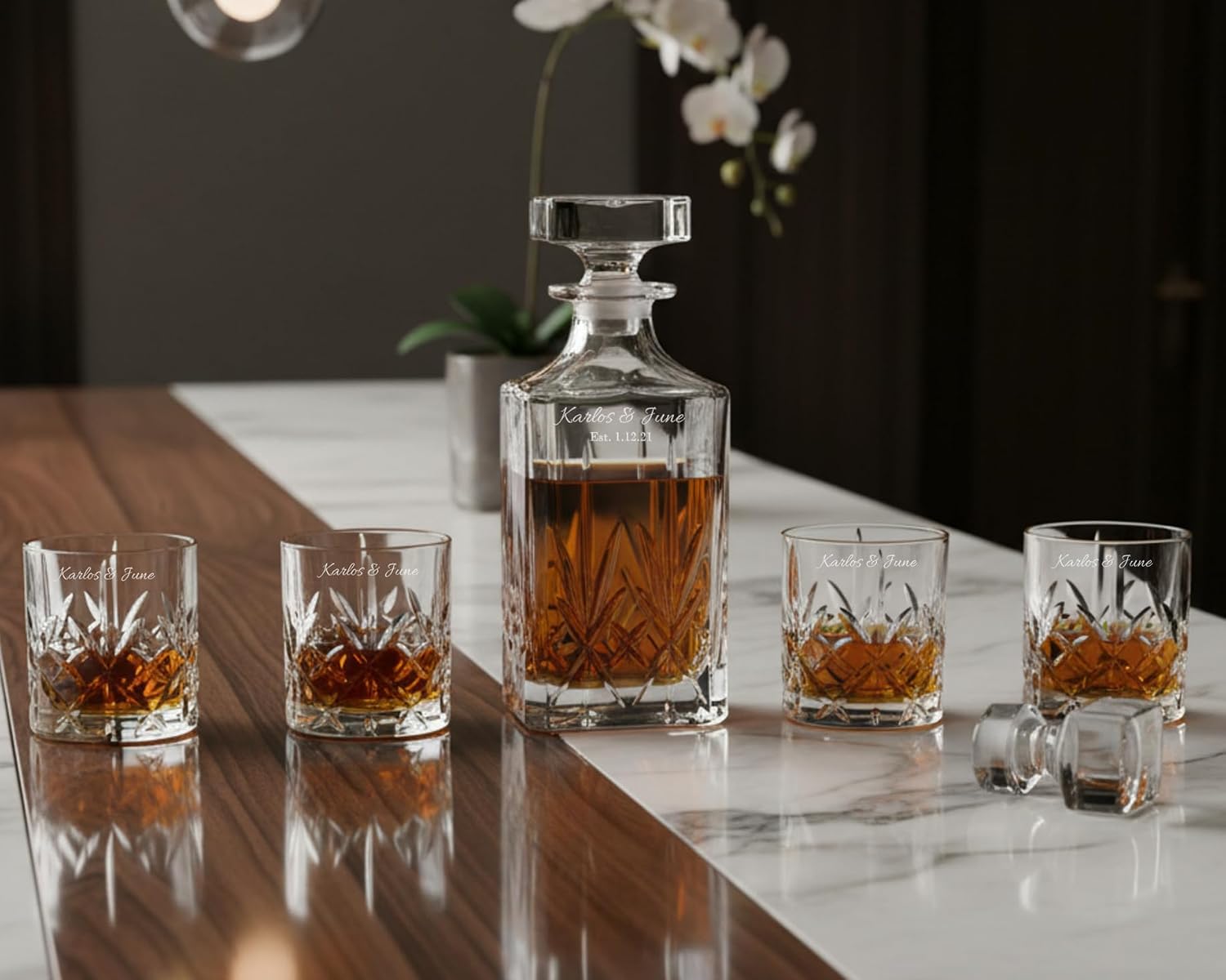Marquis by Waterford Personalized 5-Piece Maxwell Decanter Set, Custom Engraved Cut Crystal Decanter and Four Double Old Fashioned Glasses for Whiskey, Scotch, Liquor