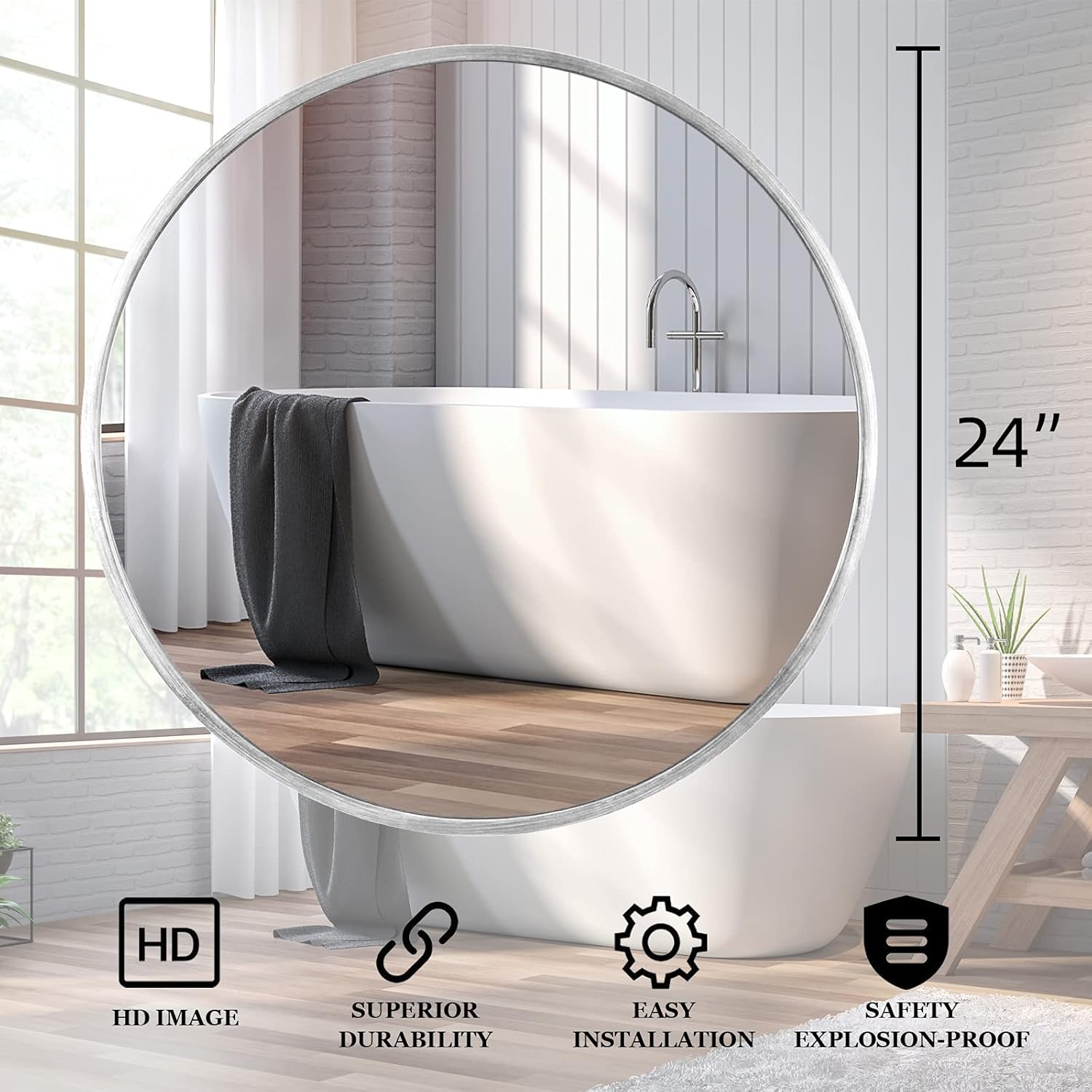 Circle Mirror 24 Round Wall Mounted Decorative Mirror, Modern Metal Framed ,Best for Vanity Washrooms Bathroom and Living Rooms (Silver, 24)(CIYJ-24-0519)