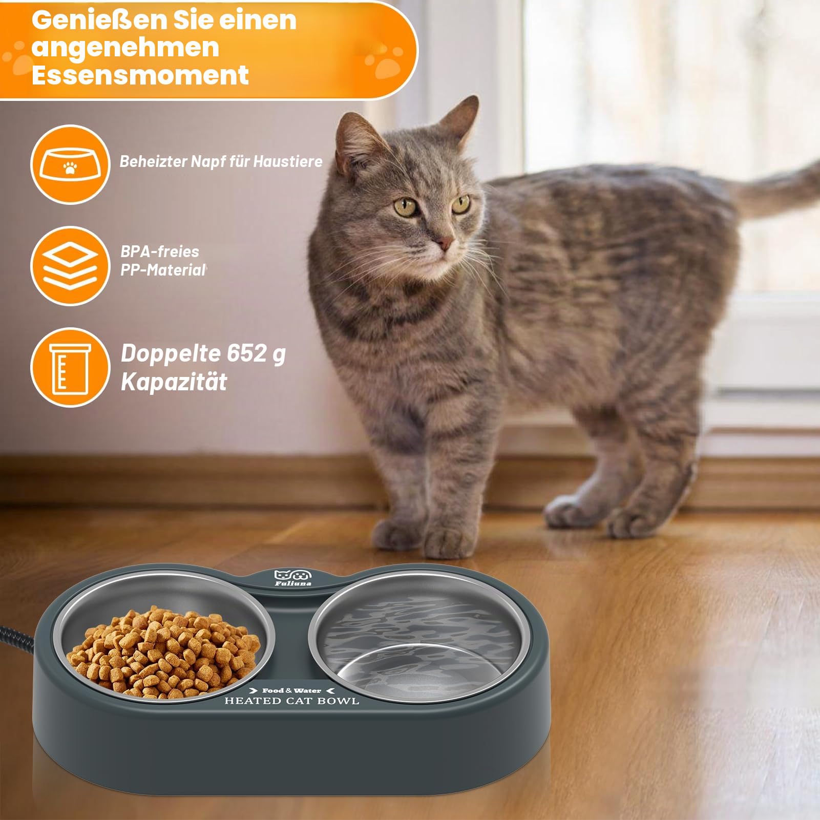 Beheizter Katzennapf im Winter, beheizter Futternapf für den Außenbereich mit doppeltem Edelstahlnapf, 652 ml, beheizter Wasser-Futternapf für Katze, Haustier, thermischer Futternapf bietet