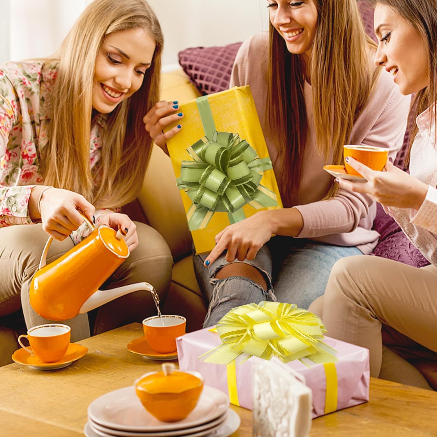 FQTANJU 5 PCS 6 Inch Large Pull Bows, Bean Green, Organza, Wedding, Birthday, Christmas, Valentine's Day, Special Occasions - Image 5