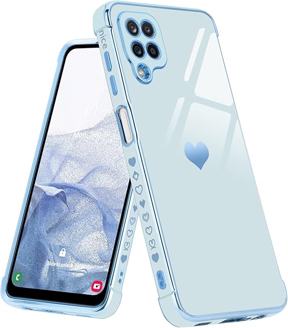 Urarssa for Samsung A12 Case Cute Bling Plating Heart Design Cases Women Girls Shockproof Bumper Silicone Slim Protective Cover for Samsung Galaxy A12 5G, Blue