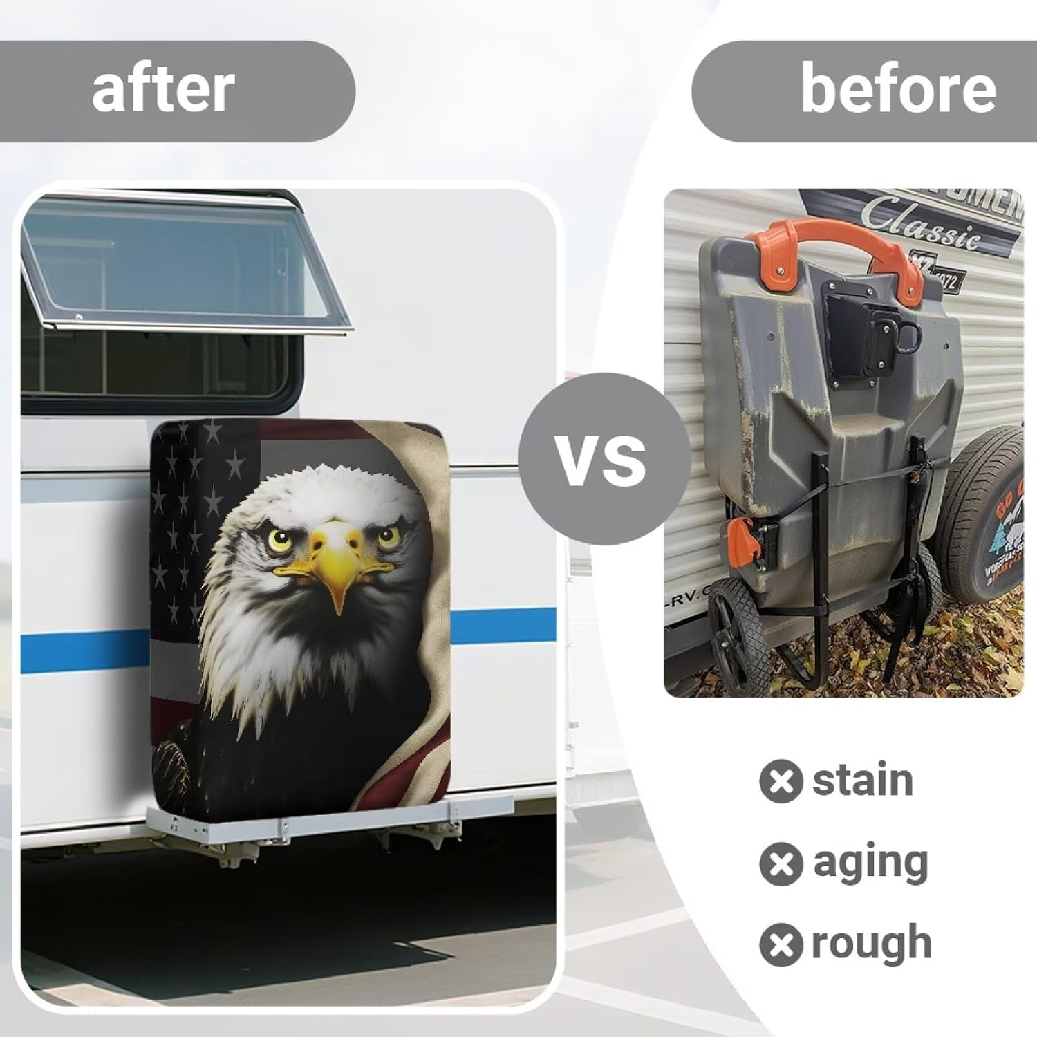Eagle American Flag RV Tote Tank Cover Heavy Duty RV Portable Waste Tank Cover Waterproof & Dustproof Fits 28-36 Gallon Tote Tanks