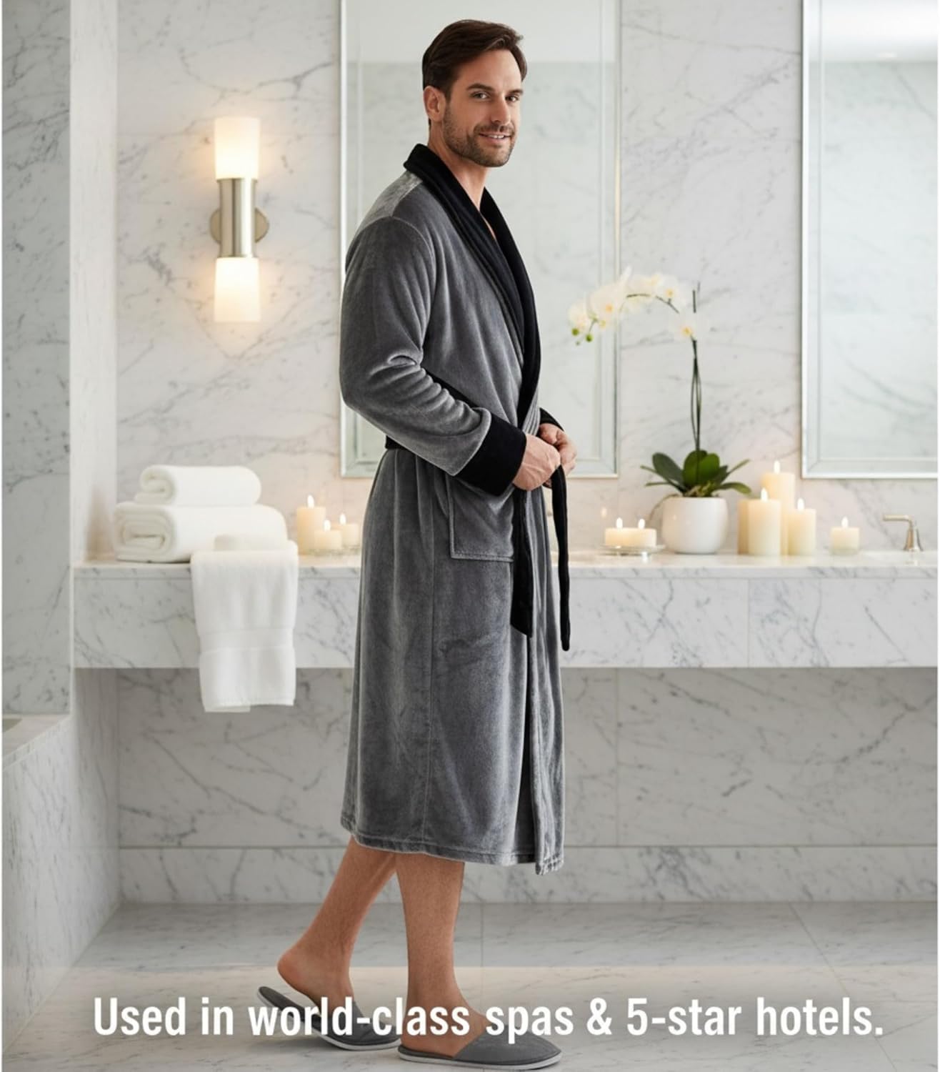 Lotus Linen Men’s Plush Hooded Bathrobe - Full Length Luxury Personalized Spa Robe for Men, Soft, Warm Fleece