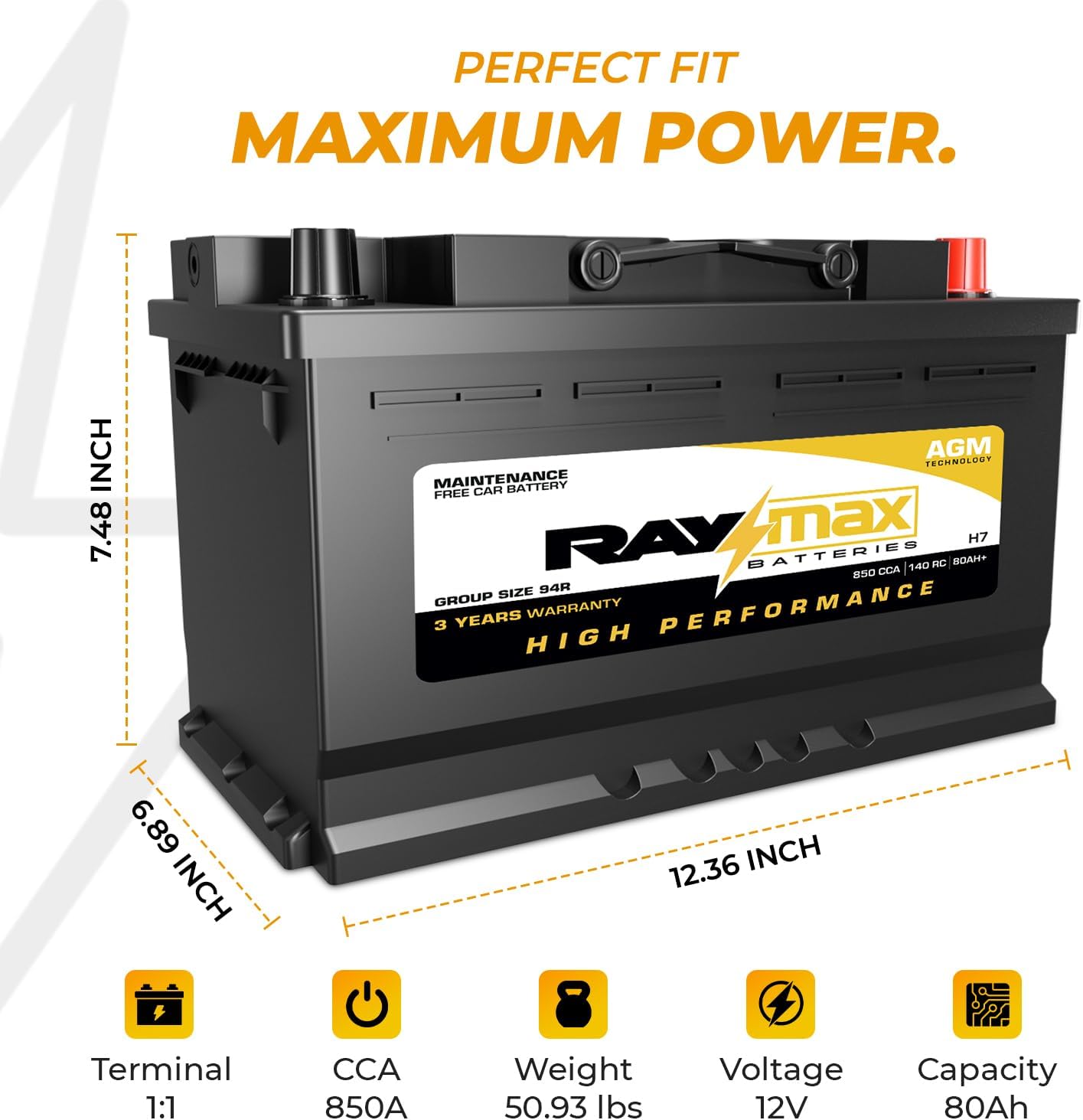 AGM Car Battery H7 Group Size 94R – 12V 850 CCA|80Ah| Maintenance-Free Auto Battery for Sedans, Trucks & SUVs, Extreme Weather Ready, Built for High Performance | Size: 12.36"L x6.89"W x7.48"H.