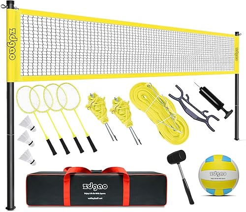 Zdgao Badminton & Volleyball Combo Set - Professional Volleyball Net for Lawn, Backyard, Easy Set up Volleyball Set with Carry Bag, Boundary Line