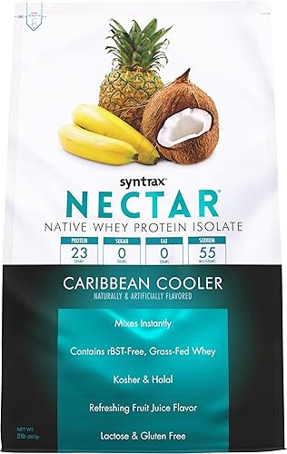 Syntrax Nutrition Nectar, 100% proteína aislada de suero en polvo, sabor refrescante a fruta, enfriador caribeño, 2 libras
