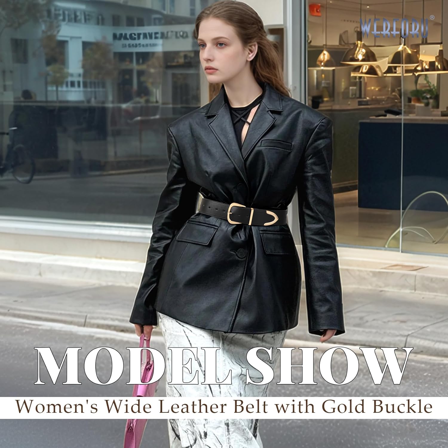 WERFORU Women Wide Leather Belt Women Fashion Wide Belt for Dresses Jeans Ladies Fashion Wide Belt with Gold Buckle - Image 3