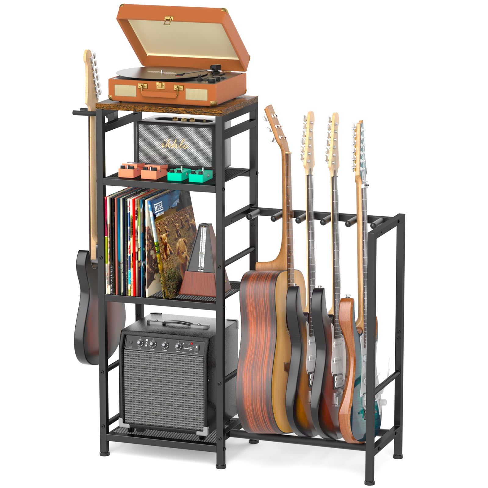 Vinyl & Guitar Stand with Storage Shelves