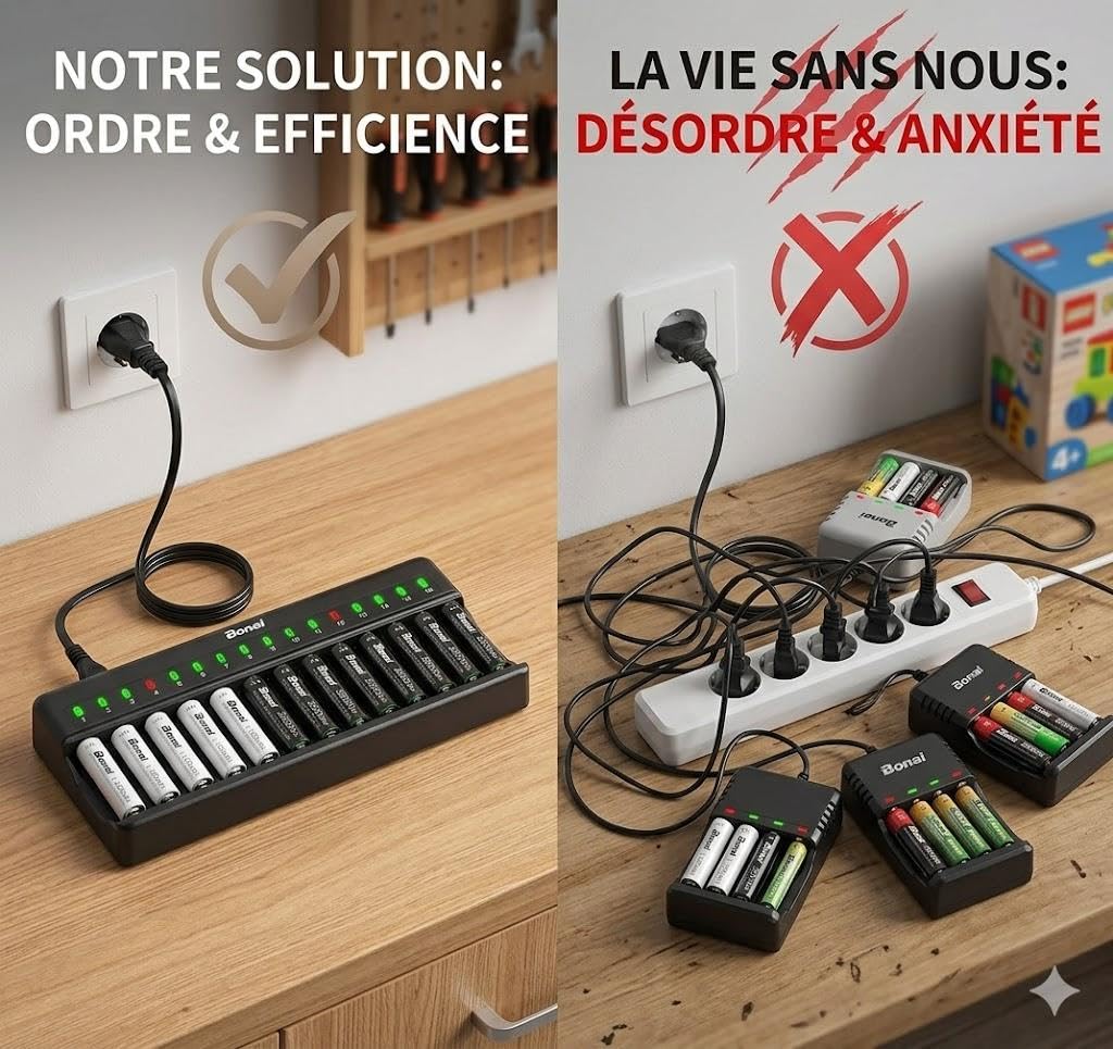 BONAI 16 Slots Chargeur Piles Rechargeable + Piles Rechargeables (12xAA et 12xAAA 2800/1100mAh à Ni-Mh)