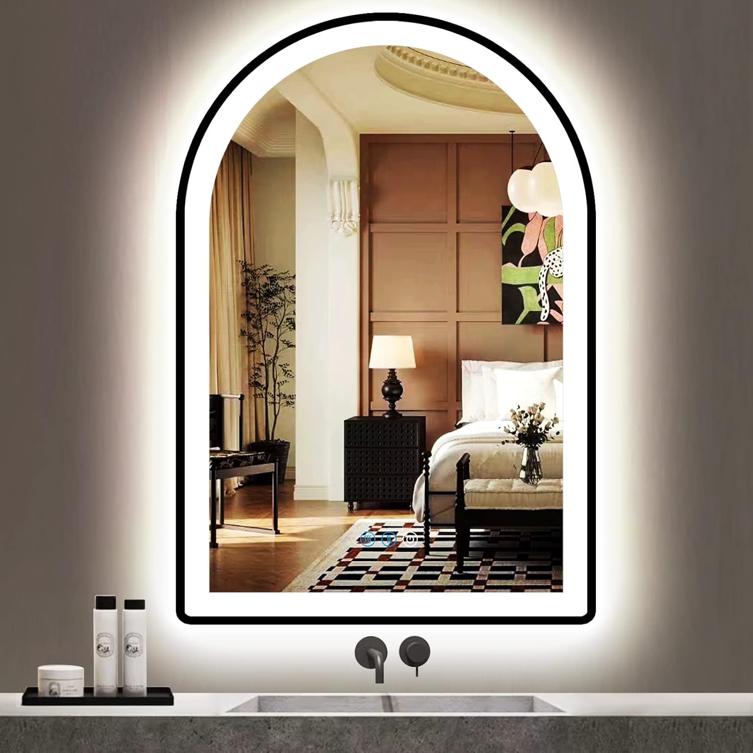 THEKLA 30x20 Inch Bathroom Black Arch Vanity Mirror with Light Black Frame Arch LED Mirror for Bathroom Wall Arched Lighted Mirror AntiFog Dimmable 3Color Black Framed Arch Smart LED Light up Mirror 30 X 20 Inch