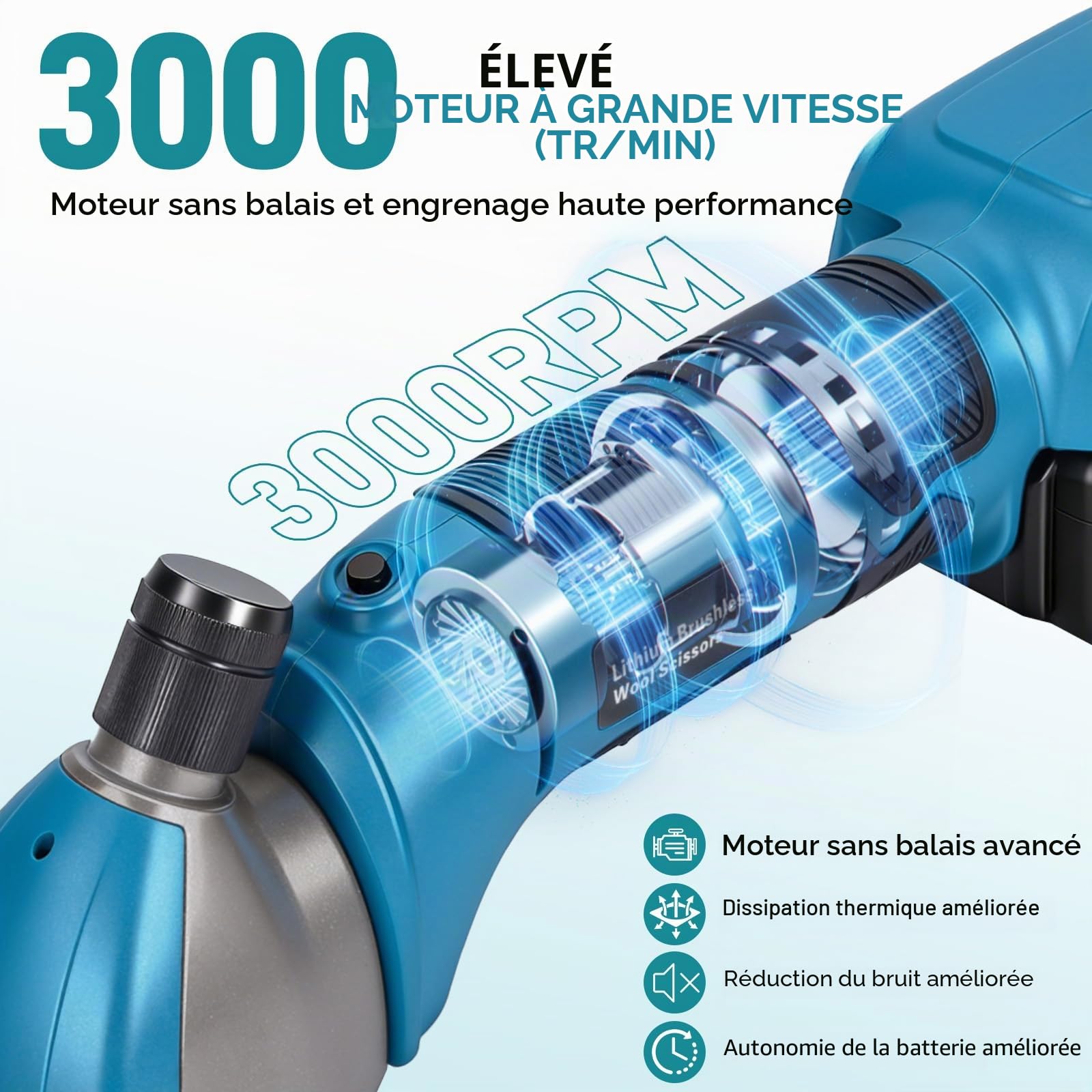 Yofidra Tondeuse à moutons sans fil 800 W - Tondeuse Mouton électrique avec moteur sans balais, 3000 tr/min, 2 batteries de 3000 mAh, griffe réglable, pour moutons, alpagas et chèvres, bleu