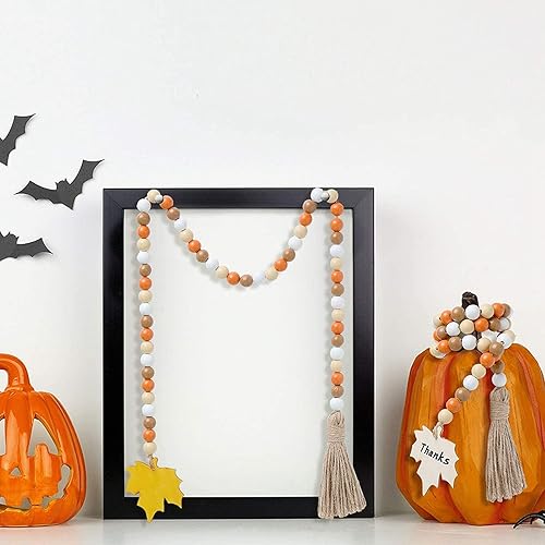 Miniatura 6 de 2 guirnaldas de cuentas de madera de Halloween, hojas de arce y calabaza, cuentas de oración de madera de otoño, guirnalda rústica para bandeja
