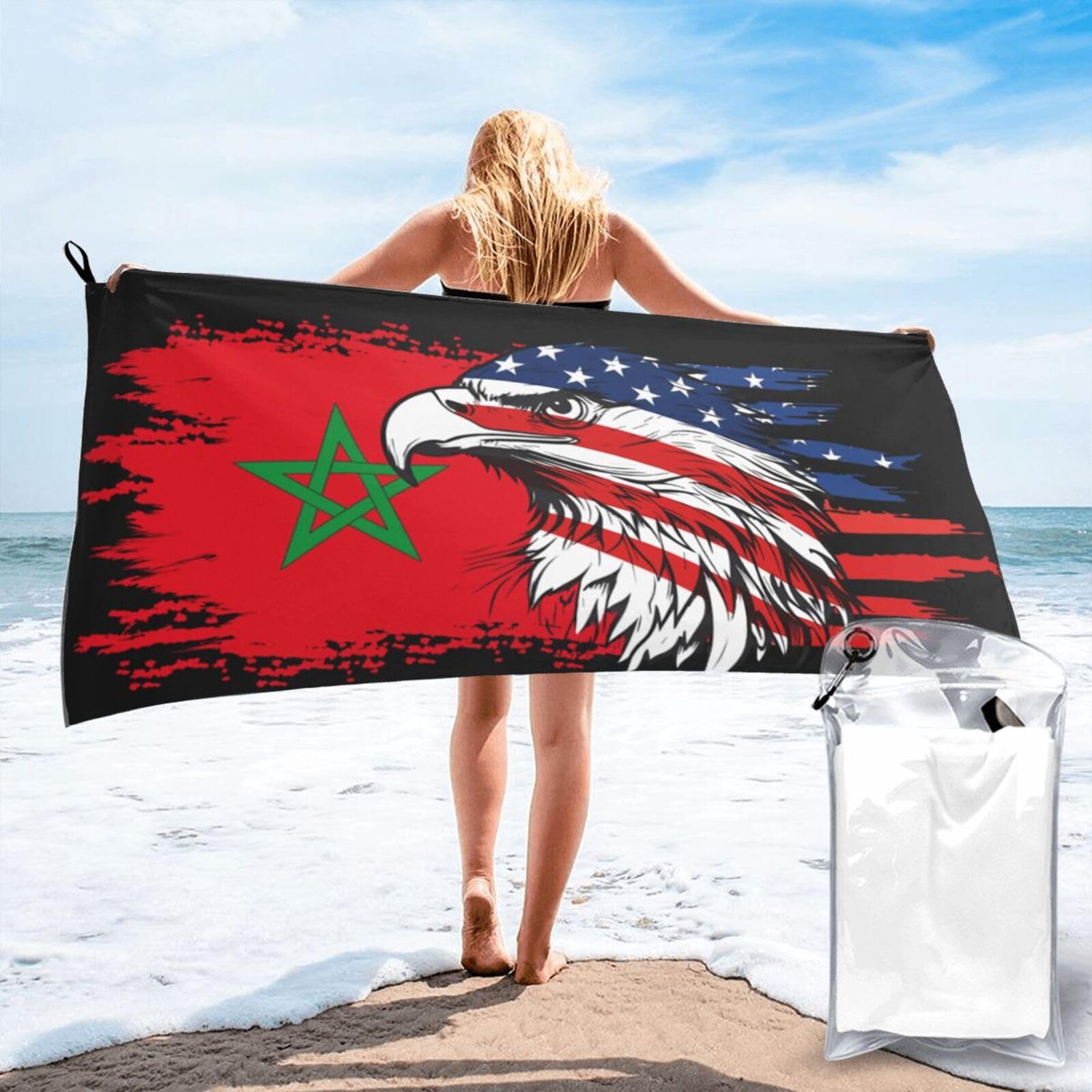 HACXZ America Flag and Morocco Flag Microfiber Beach Towel Lightweight Absorbent Travel Pool for Men Women 31.5"X63"