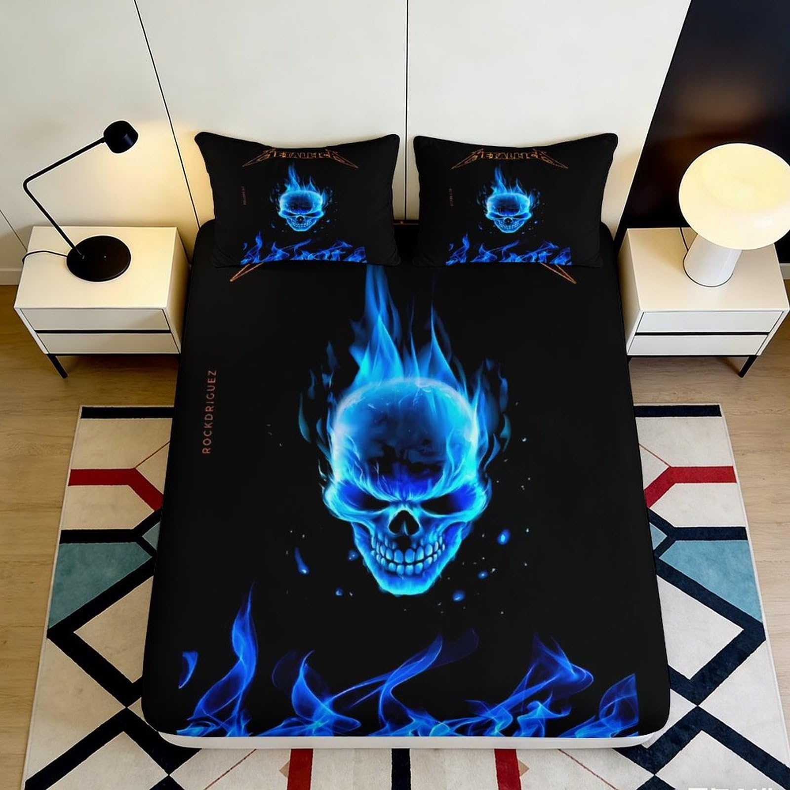 3D Printed Blue Flame Skull Fitted Sheet Microfiber Soft Breathable Fire Design Mattress Cover for Bedroom Dormitory Guest Room Protection Decor 120x200x25cm