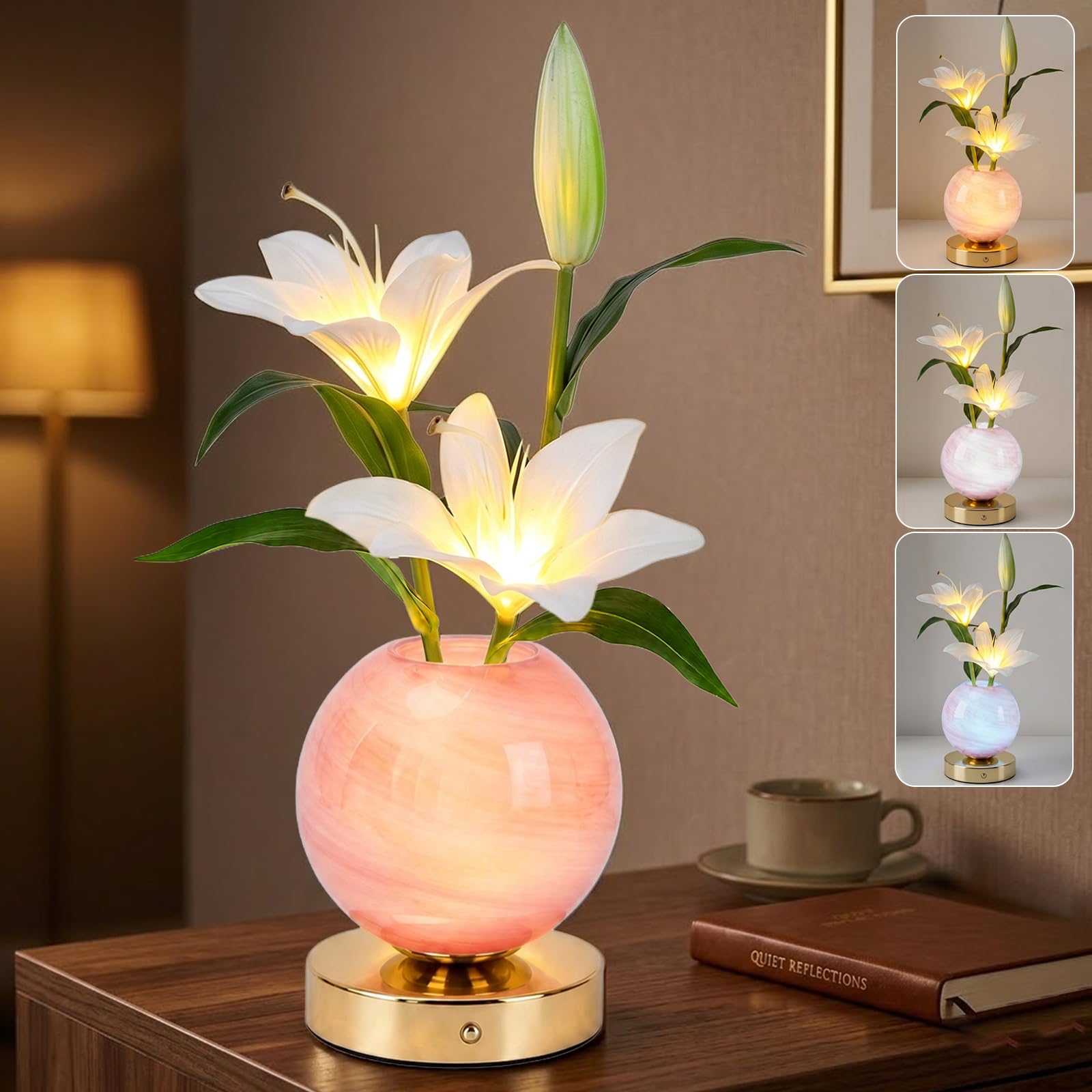 Lily Table Lamp, 3 Color Planet Night Light, Rechargeable Cordless Touch Dimming Artificial Flower Light, LED Flower Bedside Lamp Romantic Gifts for Girl Women Mom (White Lily Pink Vase)