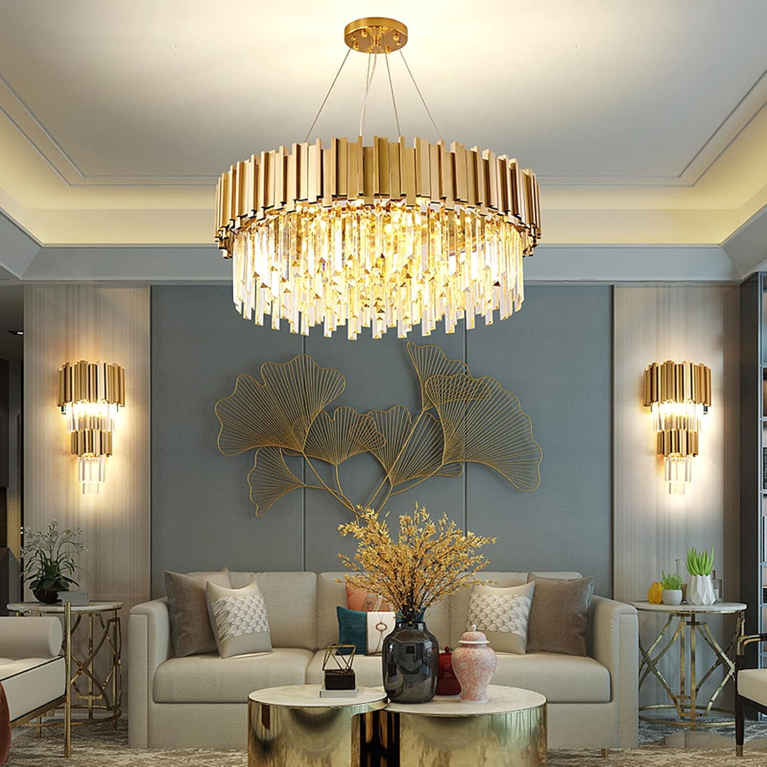 AHXIAOZN Modern Kronleuchter Kristall Leuchte,Kristall Deckenleuchte gold,9xE14 Lichter für Esszimmer, Küche, Wohnzimmer, Schlafzimmer, Flur, Café,Bar