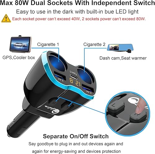 Miniatura 3 de Cigarette Lighter Splitter: USB C 12V Car Charger Adapter 2 Socket Type C Multi 12 Volt Power Outlet 24V DC 80W with LED Voltmeter Switch 6.3A Dual