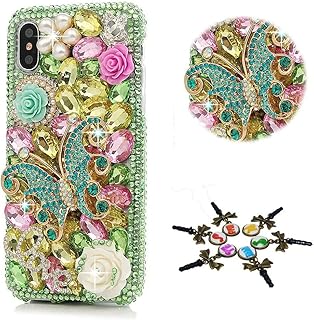 STENES Sparkle Case Compatible with Google Pixel 7 Case - Stylish - 3D Handmade Bling Butterfly Rose Flowers Rhinestone Crystal Diamond Design Cover Case - Green