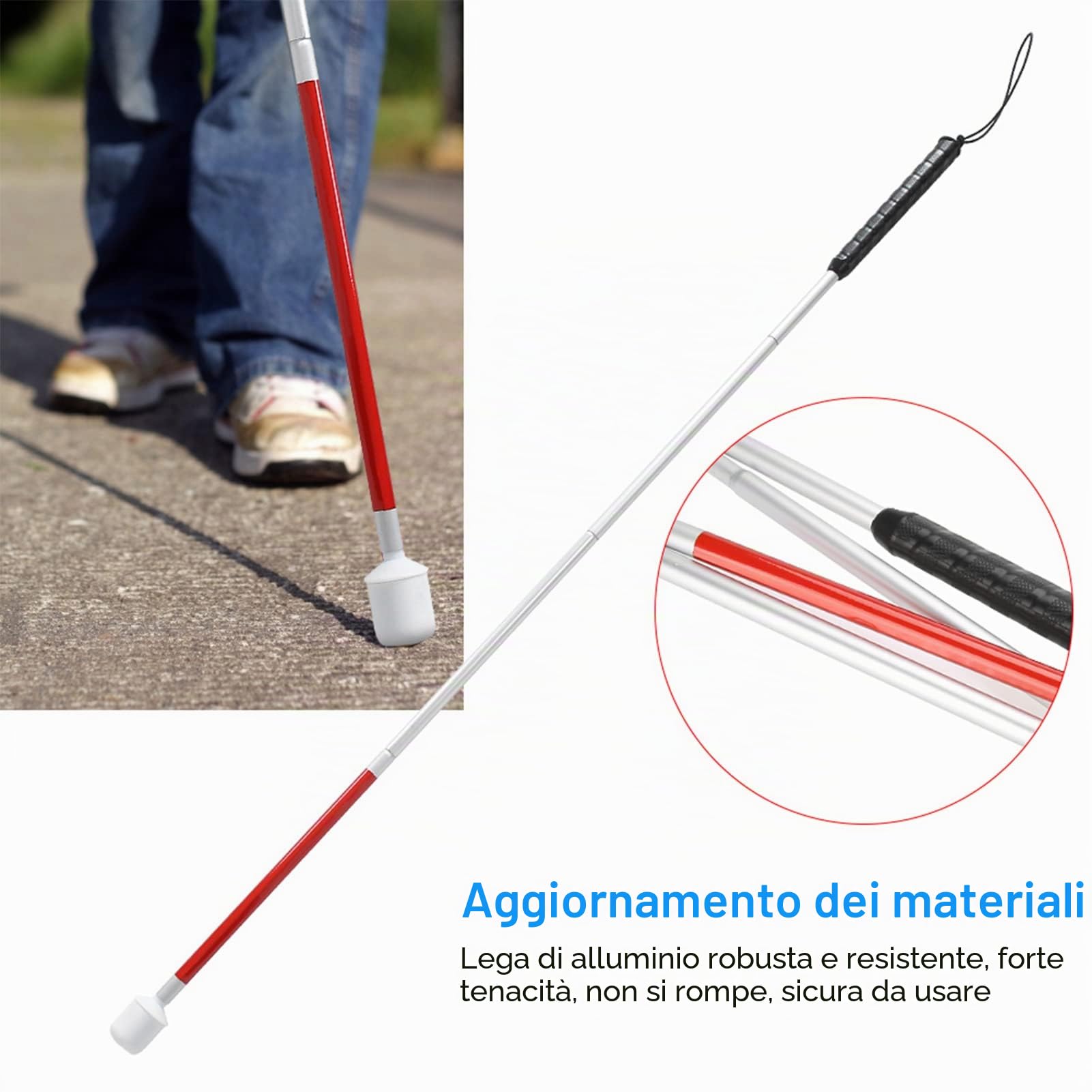 Stampella pieghevole da 110 cm, stampella pieghevole pieghevole riflettente per bastone da passeggio con guida antiurto portatile, bastone da passeggio per non vedenti