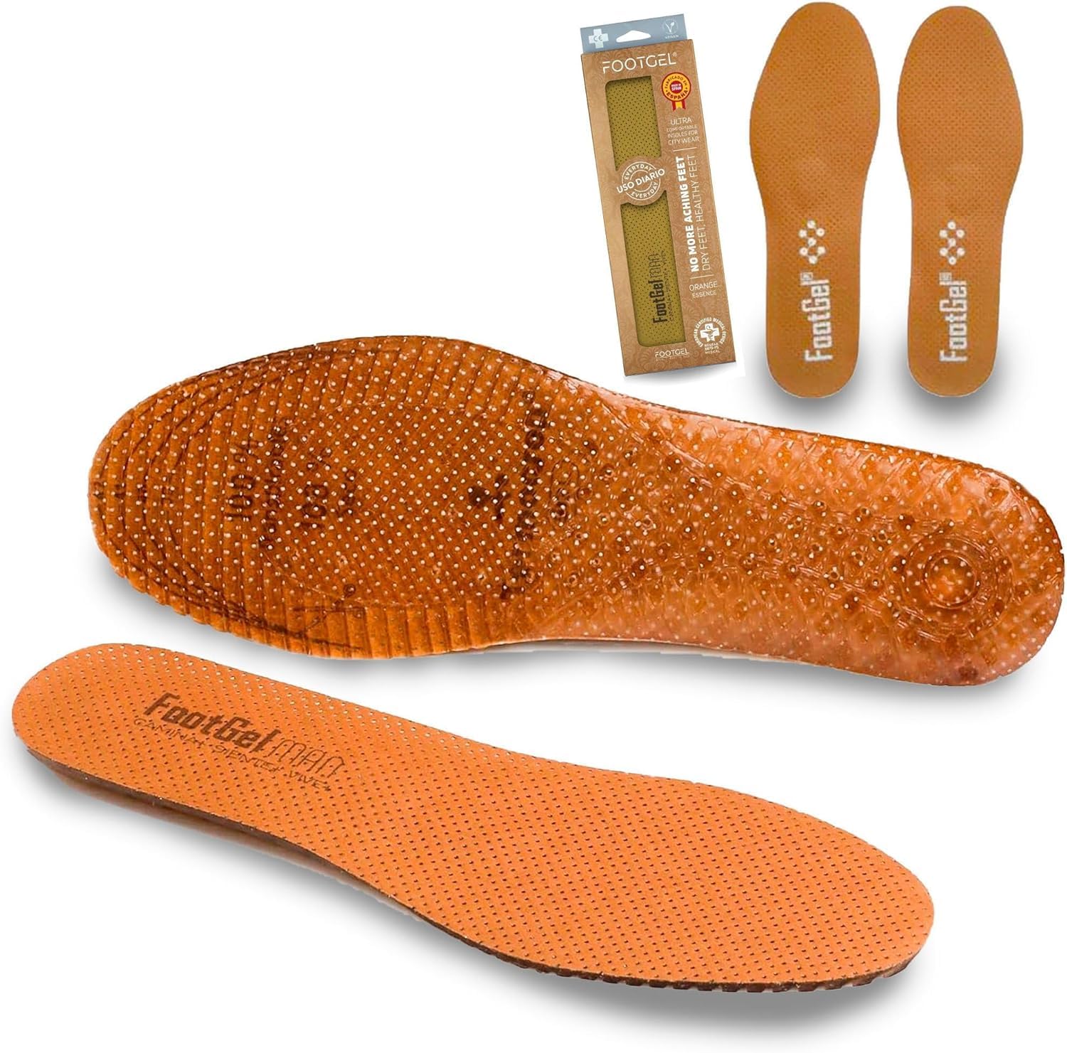 Semelles Chaussures Confort Travail - 2 Paires | Semelles Gel Homme Respirantes, Confortables | Préviennent les Blessures, Douleurs aux Pieds et Lombaires | Orange, Pointures 43 à 46
