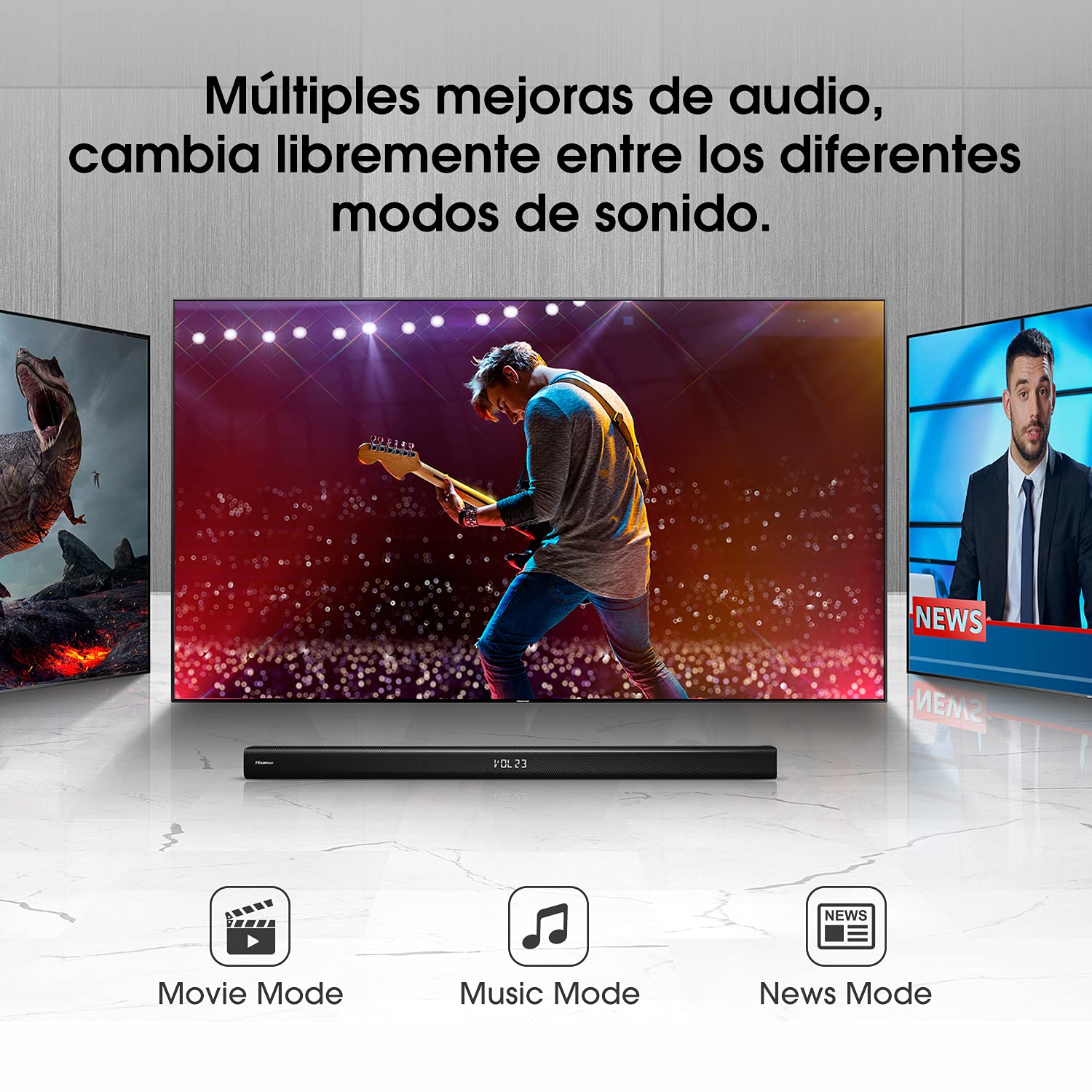 Hisense HS218 - Barra de sonido 2.1 ch, 200W, audio Dolby Digital, Bluetooth, HDMI ARC/Óptico/Aux/USB, 3 modos de sonido