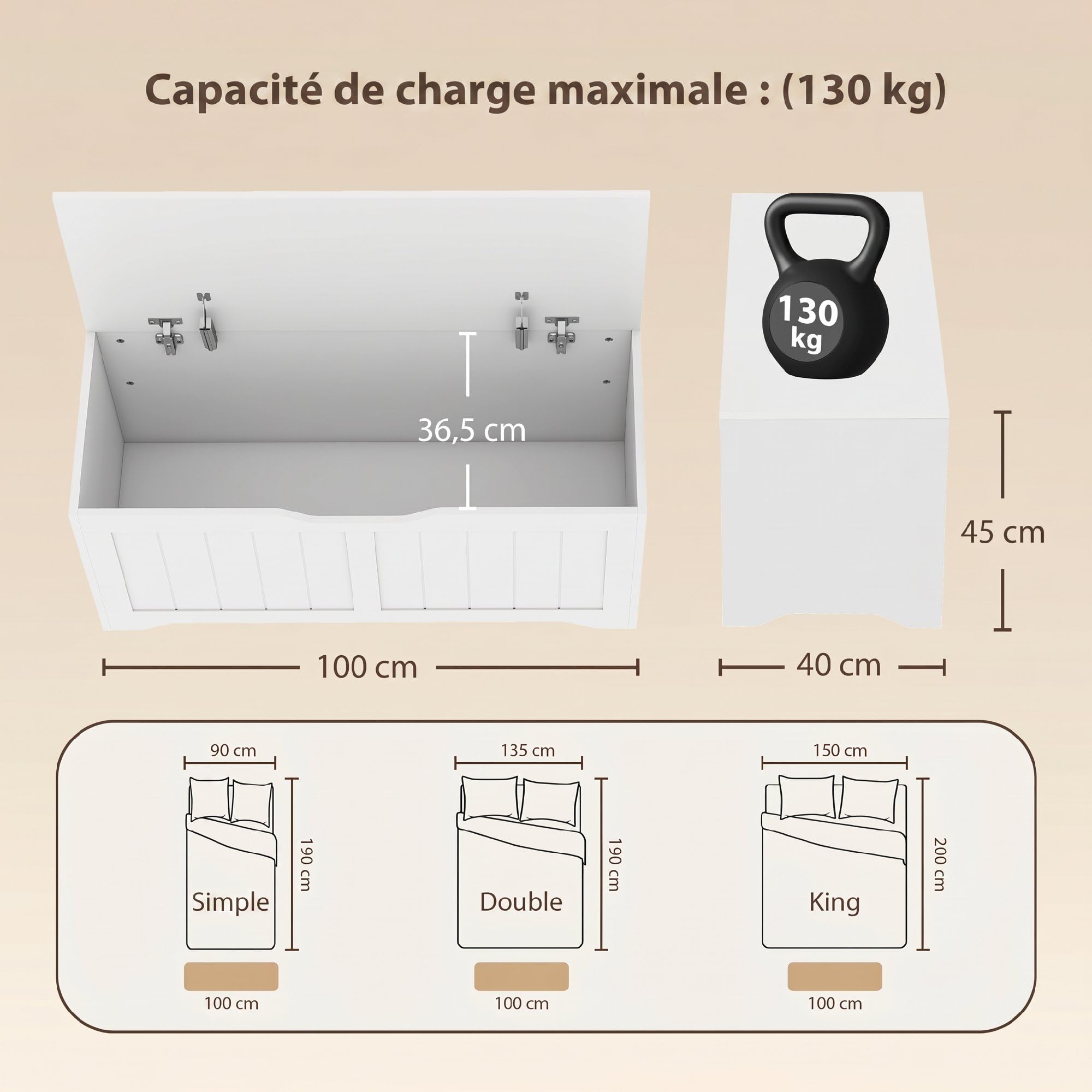 HOMCOM Coffre de Rangement 136 L Design sans Poignée 100 x 40 x 45 cm Blanc