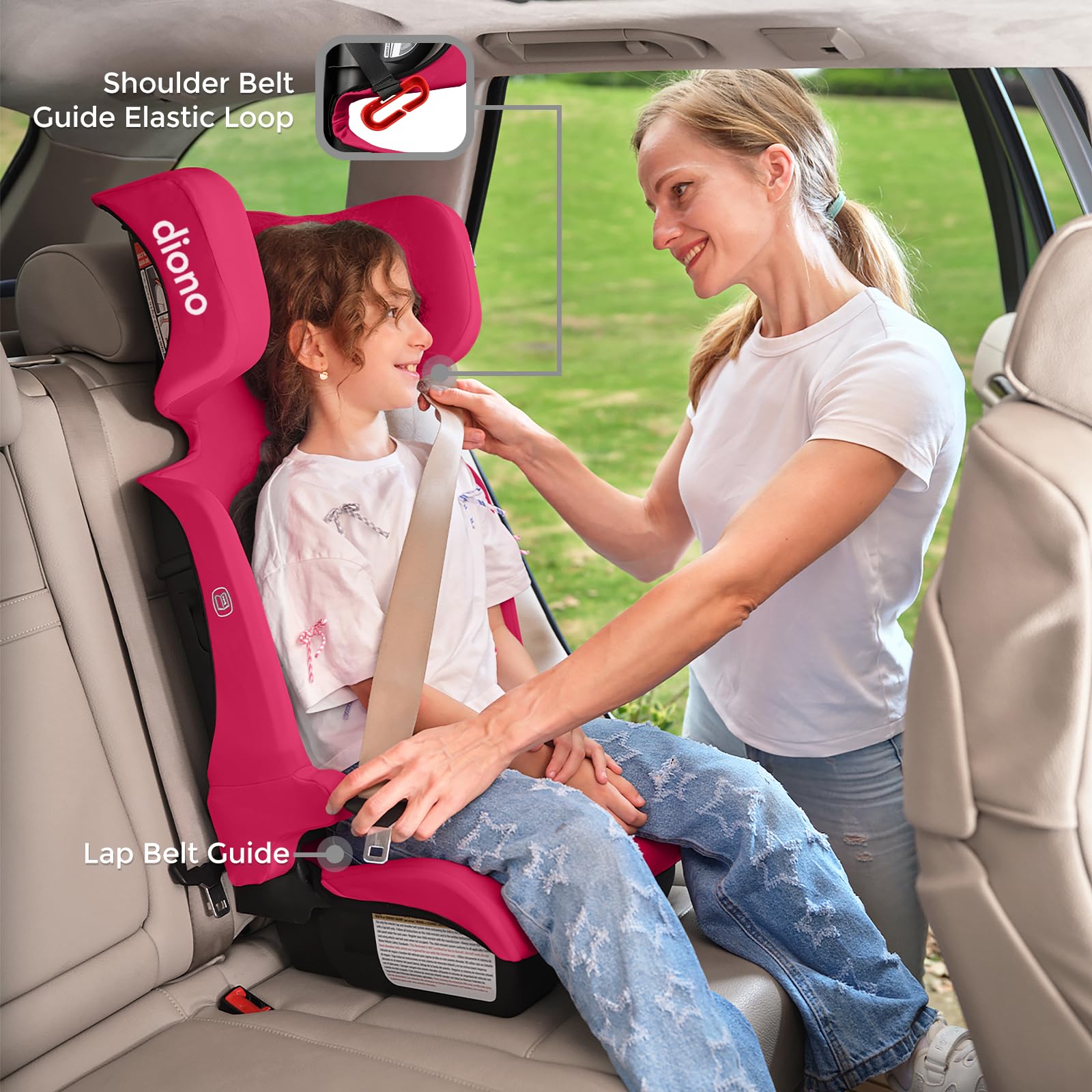 diono airi lightweight high back booster seat, foldable travel friendly, slim 3-across fit, 40-100 lbs/43-57 in, frontal impact protection, pink