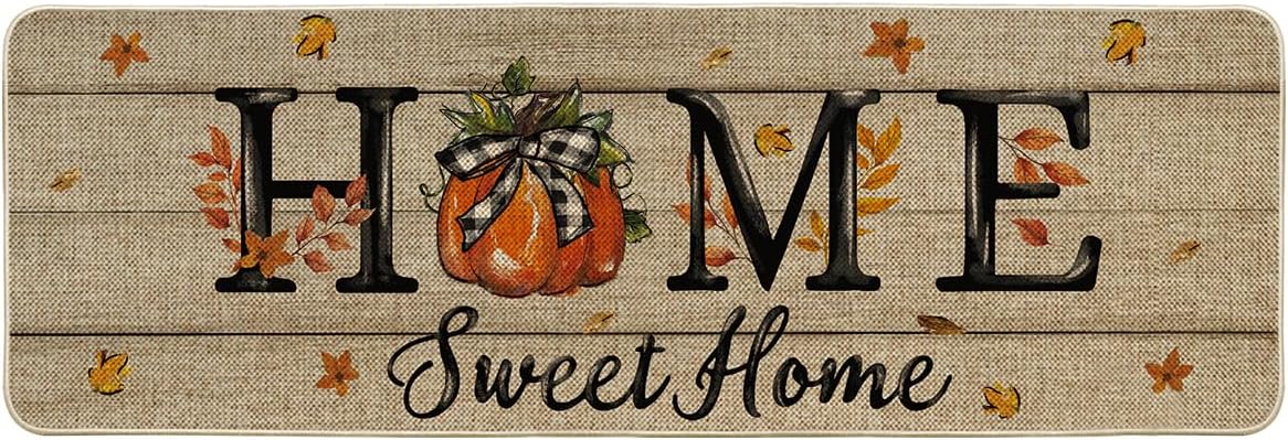 Artoid Mode Home Sweet Home Pumpkin Fall Doormat, Autumn Maple Leaves Home Decor Low-Profile Runner Rug Door Mat for Indoor Outdoor 24x72 Inch