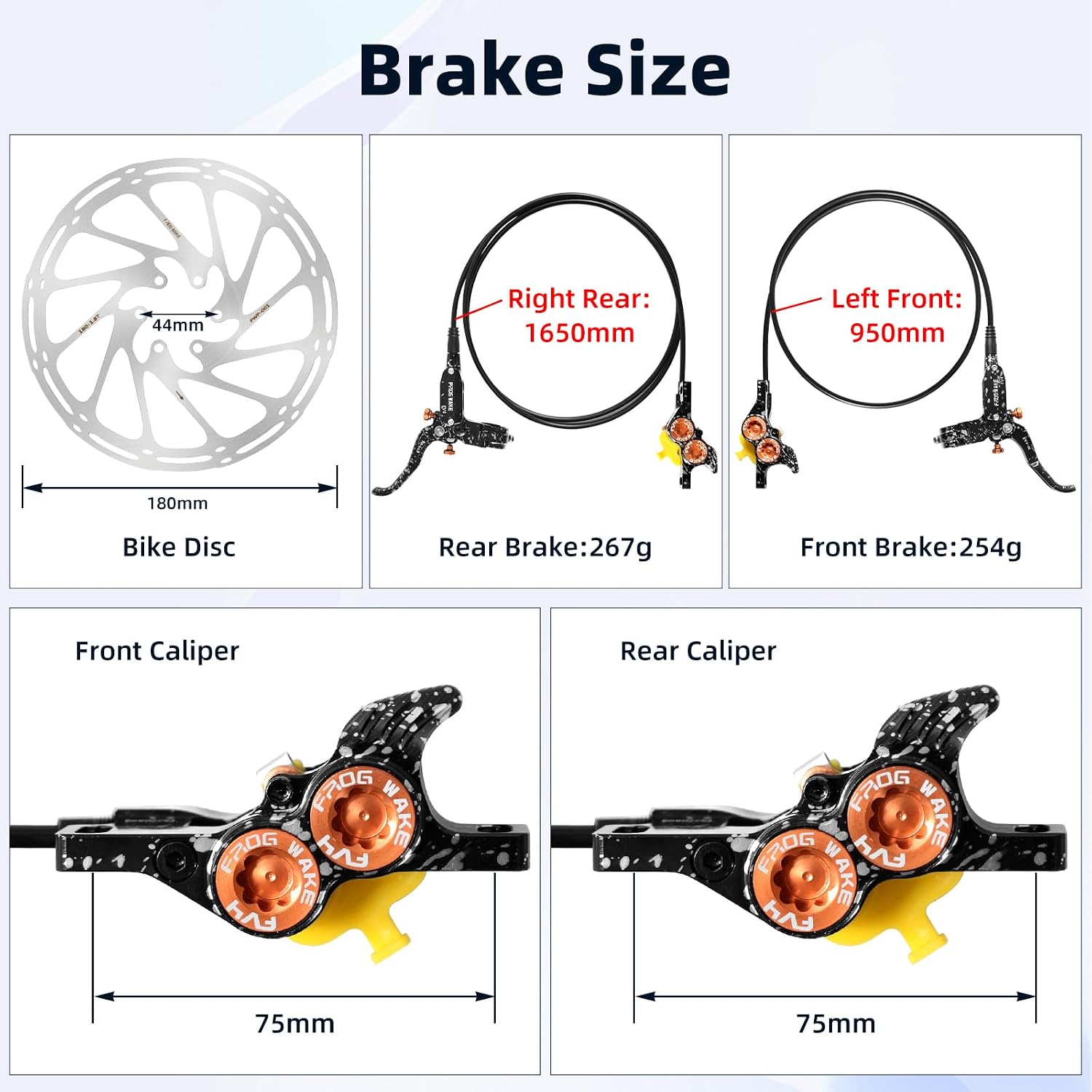 4 E4 Bike Disc Brake Kit MTB Brakes Set with 180mm Rotors,Left Front 950mm & Right Rear 1650mm Aluminum Alloy Lever Adapter for Folding Bike/Scooter/Fat Bike (Horizontal Cylinder Version Black)