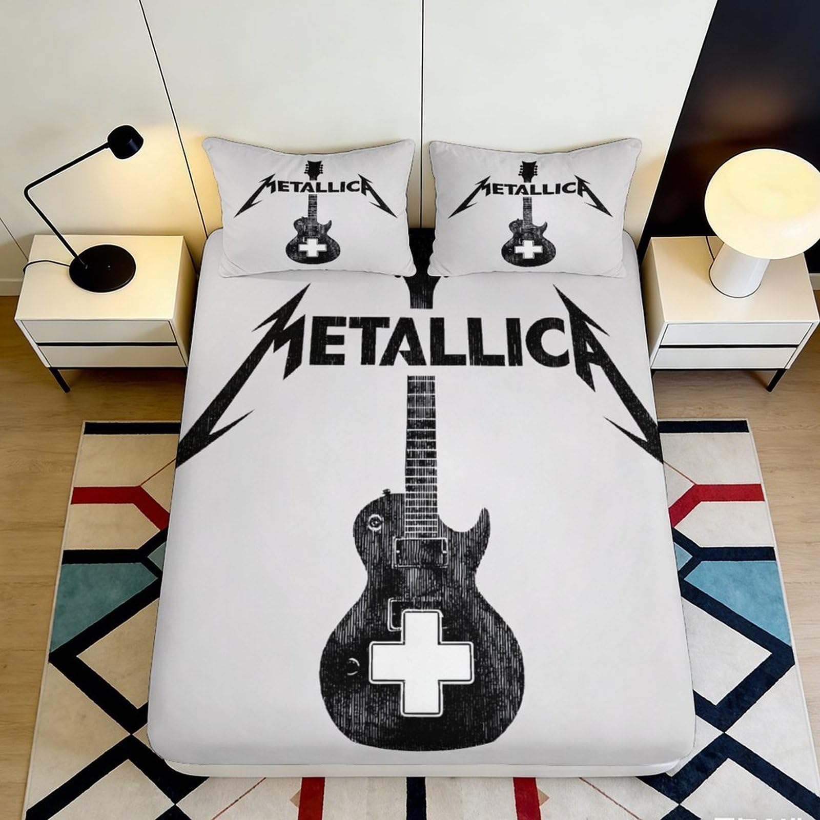 3D Printed Black Guitar Fitted Sheet Microfiber Soft Breathable Rock Band Mattress Cover for Bedroom Dorm Room Decor 160x200x25cm