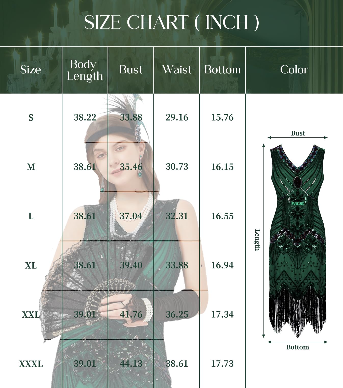 WILDPARTY 1920s Dresses for Women Flapper Dress Lace Fan Fether Headband Sequins Beads Fringes 20s Accessories Vintage Mafia Costume DarkGreen M - Image 4