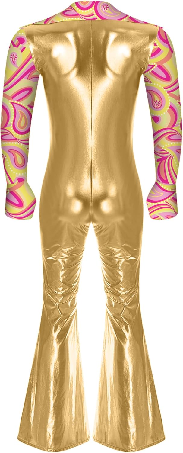 Men's 70s Disco Costume Metallic Shiny Patchwork Dance Jumpsuit Night Club Party Hippie Romper